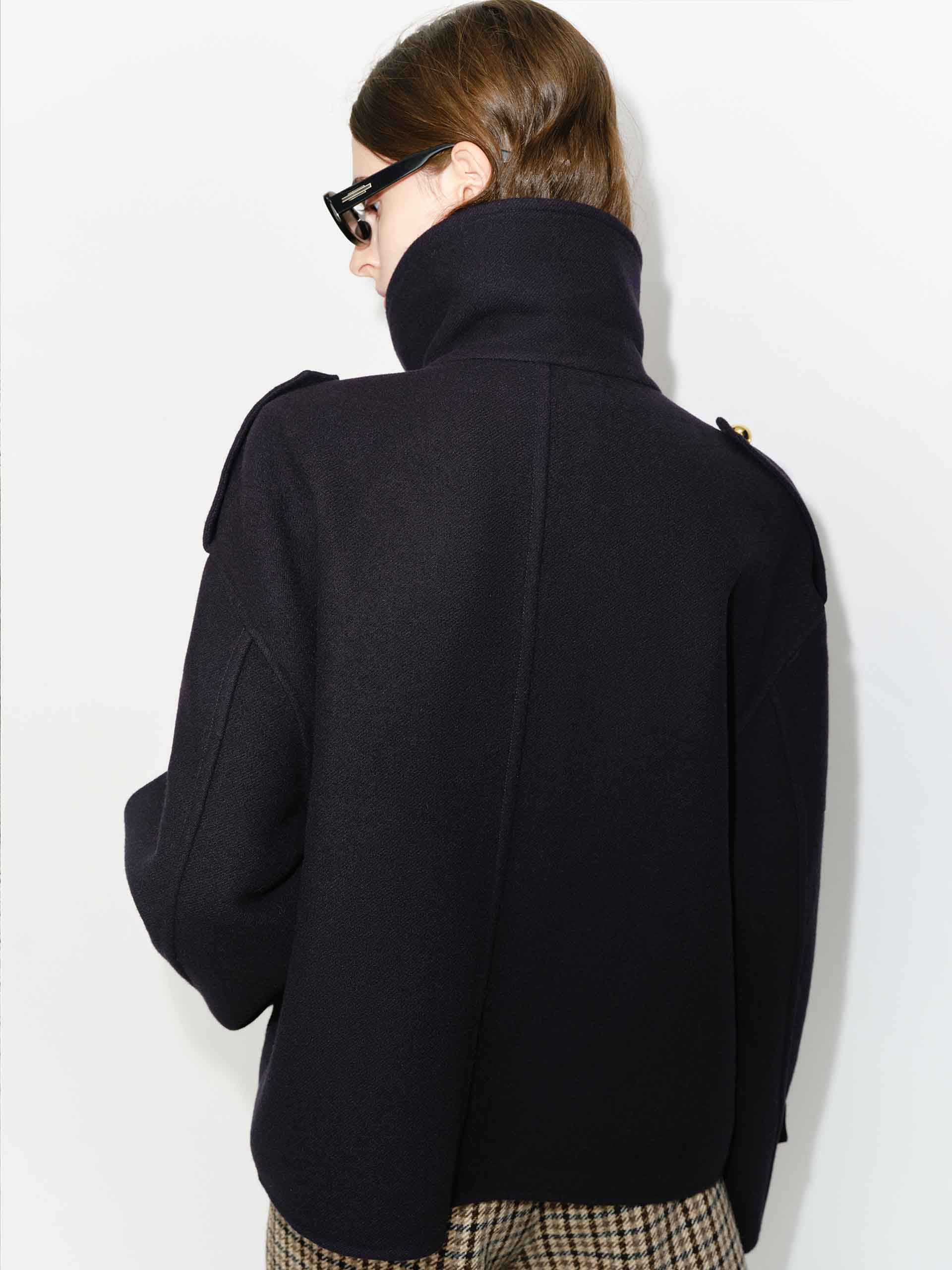 MO&Co. Women's Metallic Button Stand Collar Wool Short Coat in Navy