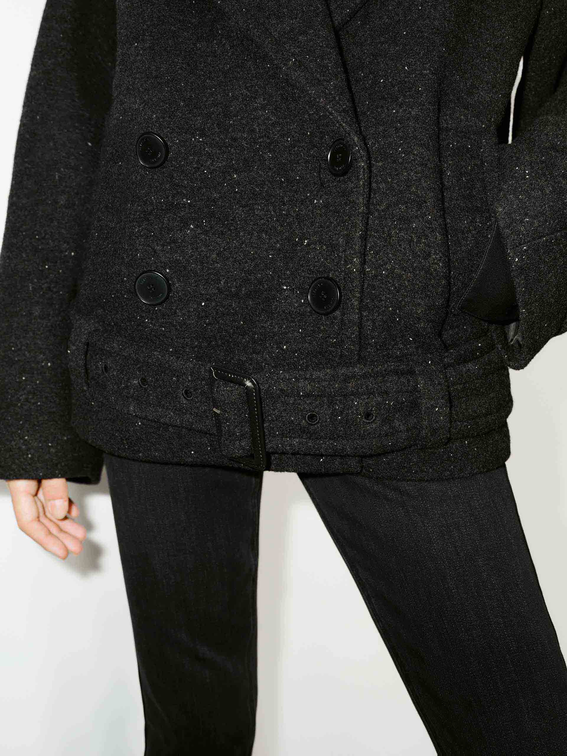 MO&Co. Women's Fur Collar Wool Blend Quilted Coat with Belt in Black