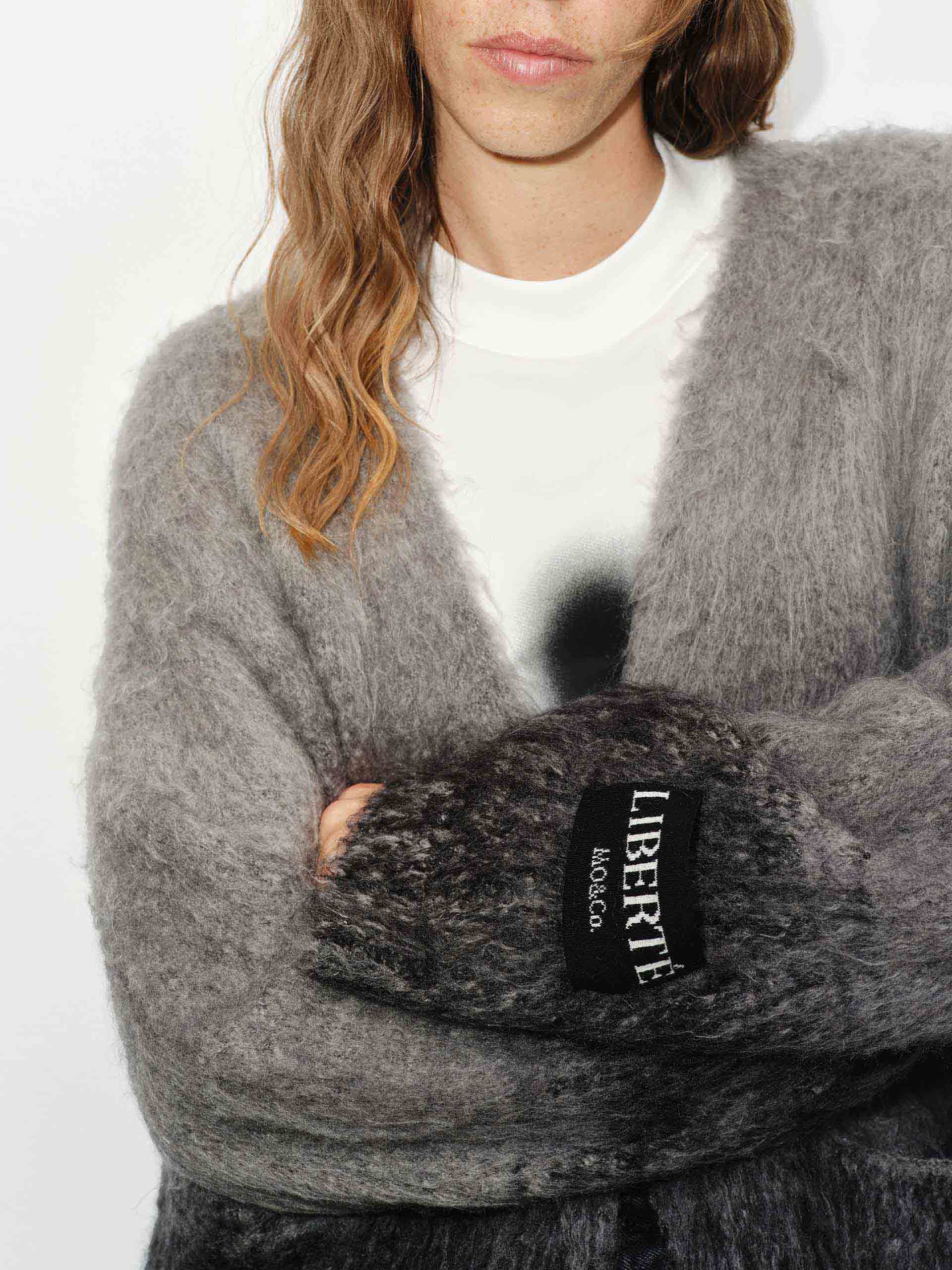 MO&Co. Women's Mohair Blend Brushed Detail Oversized Knit Cardigan in Black and Grey