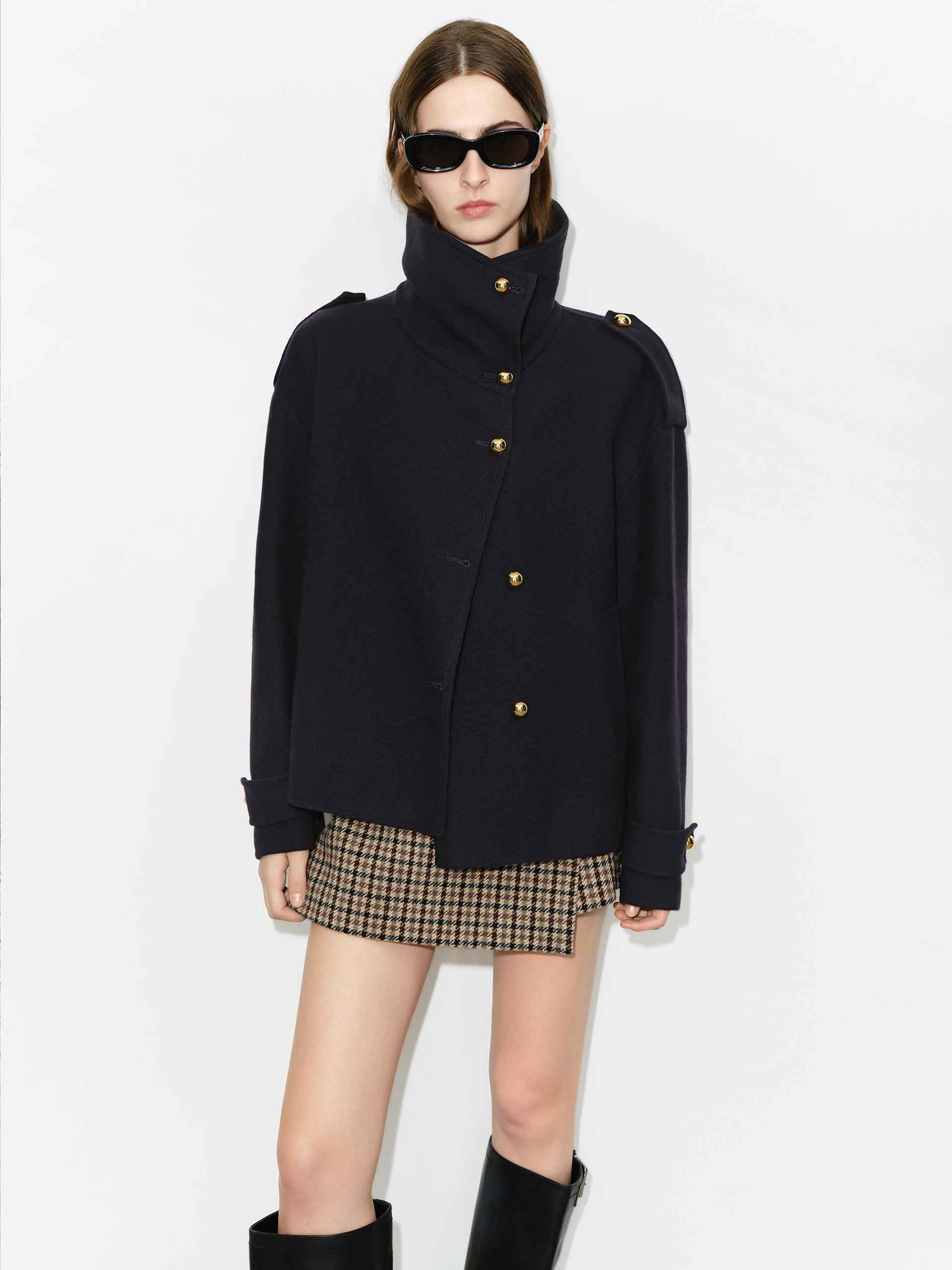 MO&Co. Women's Metallic Button Stand Collar Wool Short Coat in Navy