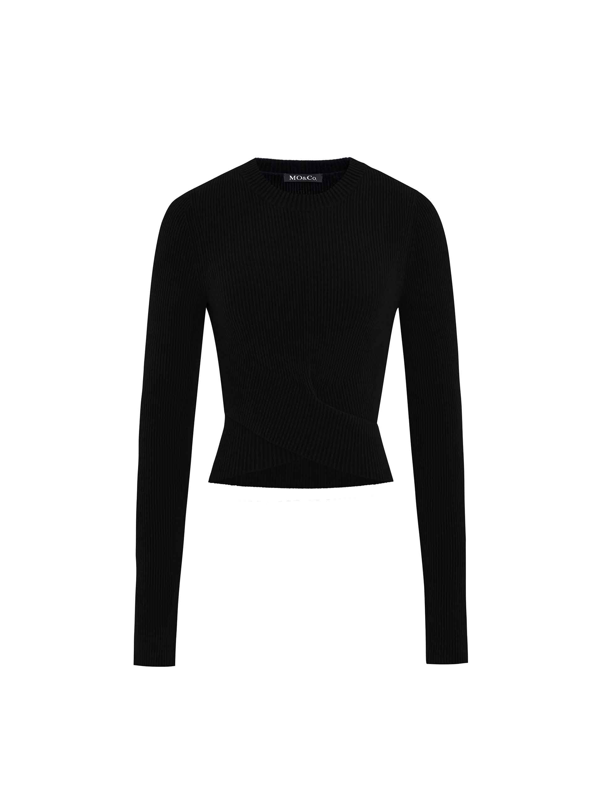 MO&Co. Women's Cross Front Tight Fit Cropped Ribbed Knit Top Long Sleeves in Black