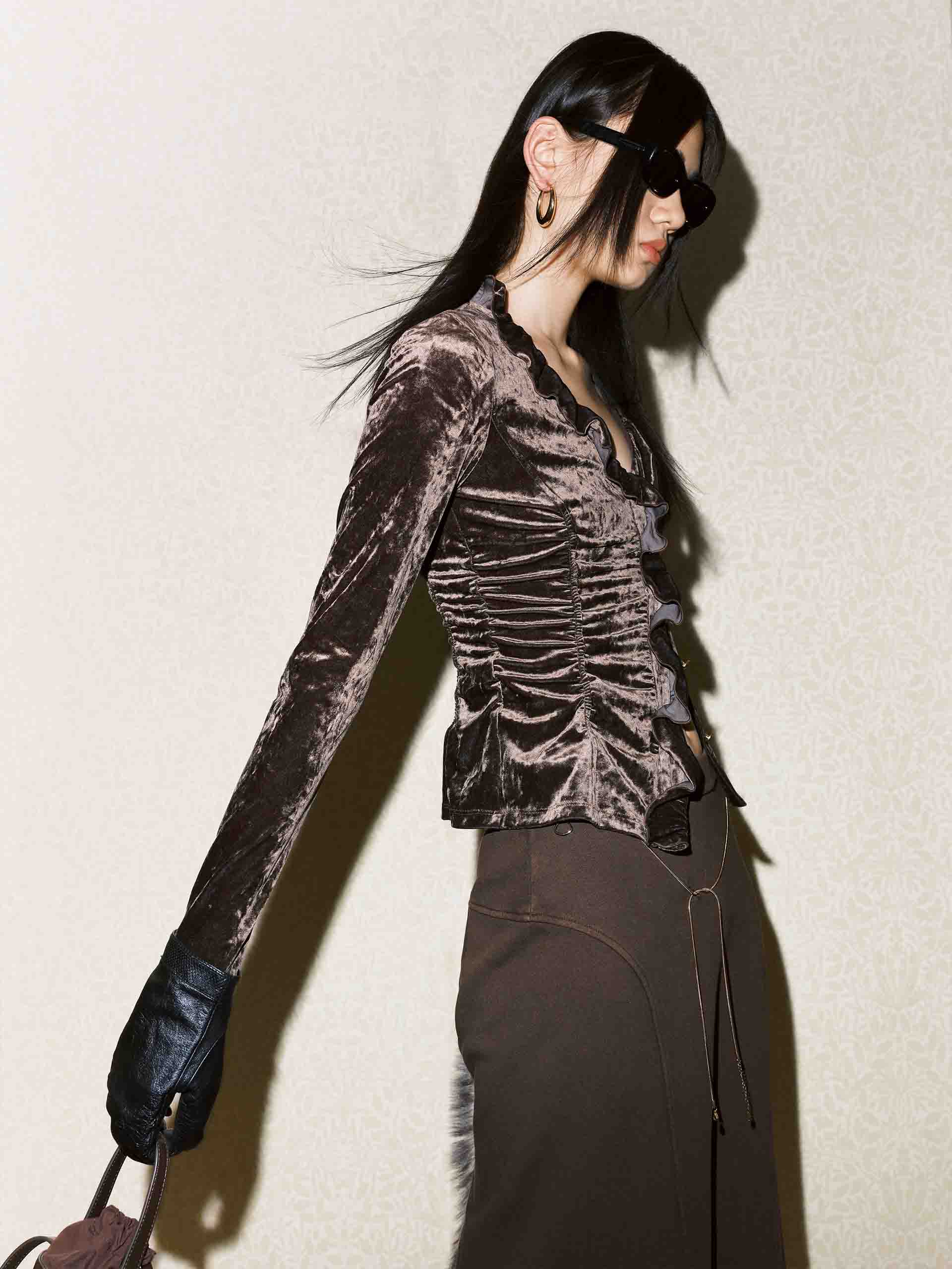 MO&Co. Women's V Neck Long Sleeve Slim Ruffle Velvet Top in Brown