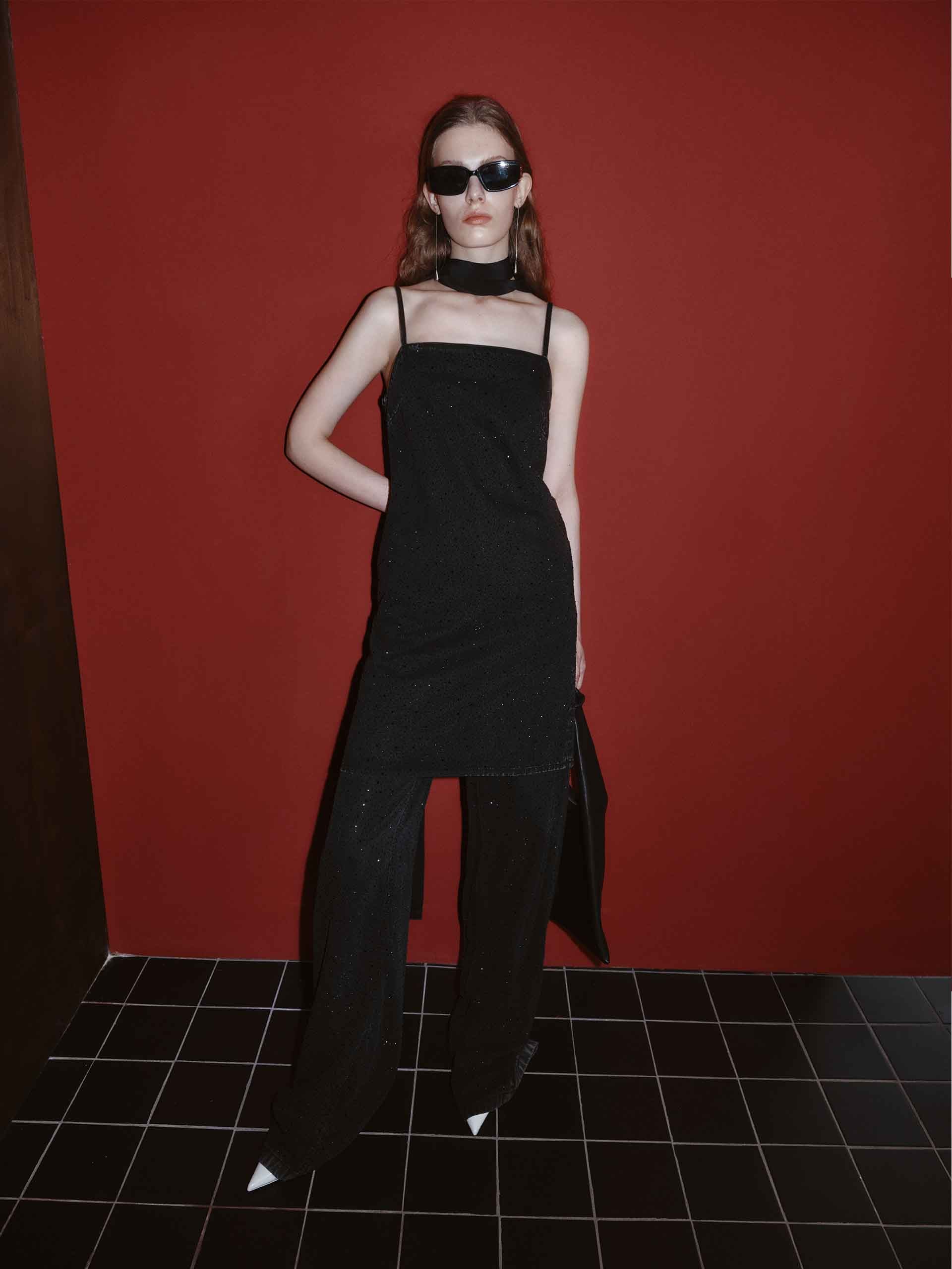 MO&Co. Women's Rhinestone Detail Mini Cami Denim Dress with Long Sleeves Cardigan