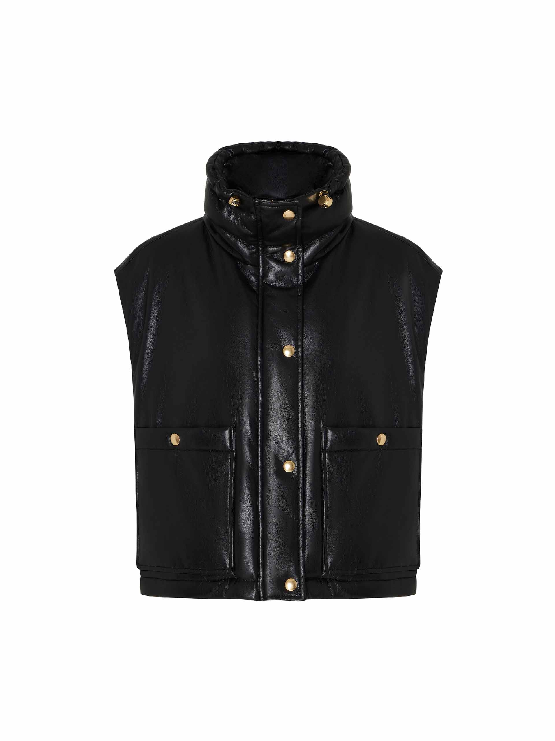 MO&Co. Women's Faux Leather Zip-Up Puffer Down Vest in Black