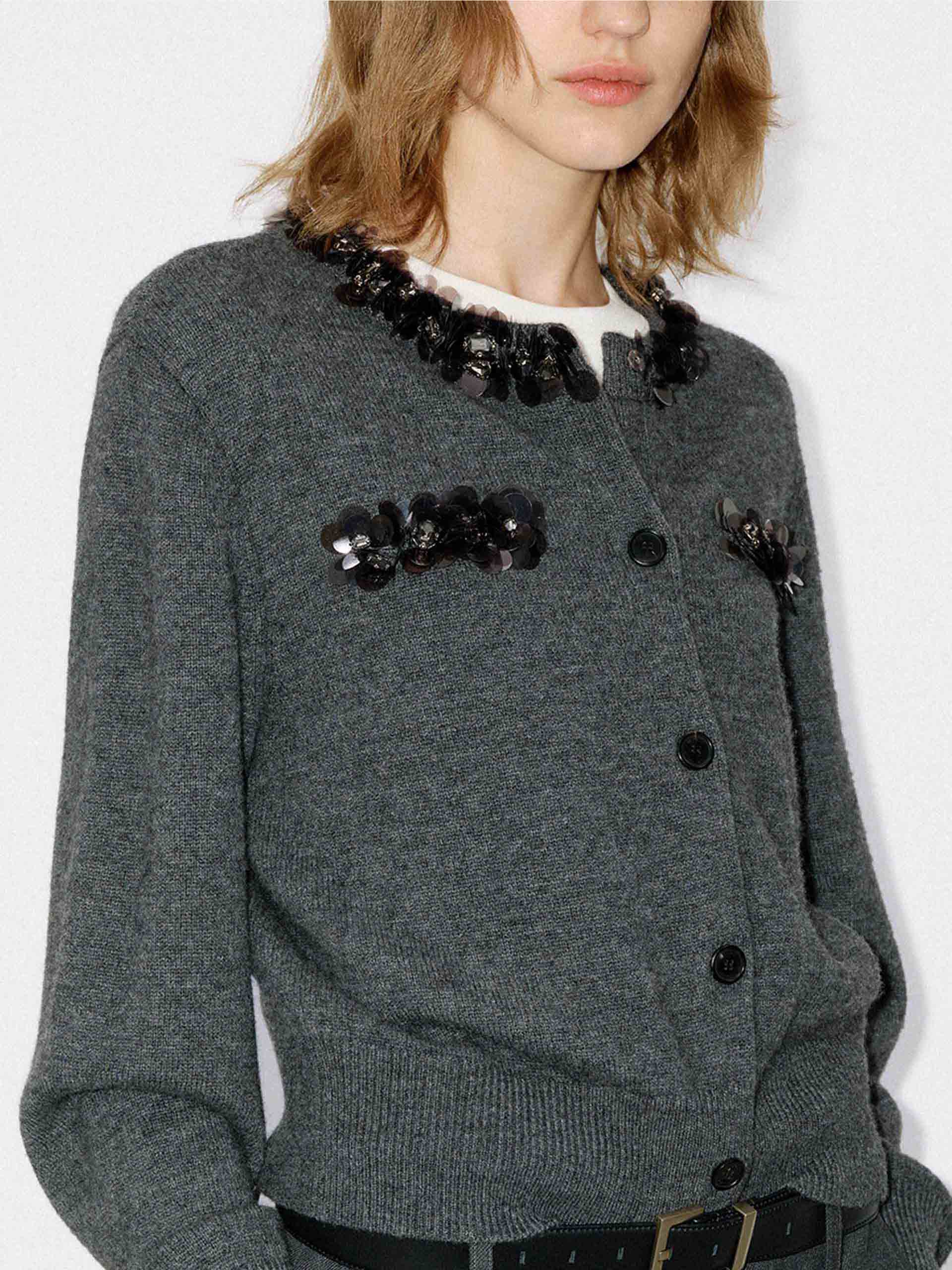 MO&Co. Women's Wool and Cashmere Blend Sequins Detail Close Fit Cardigan in Grey