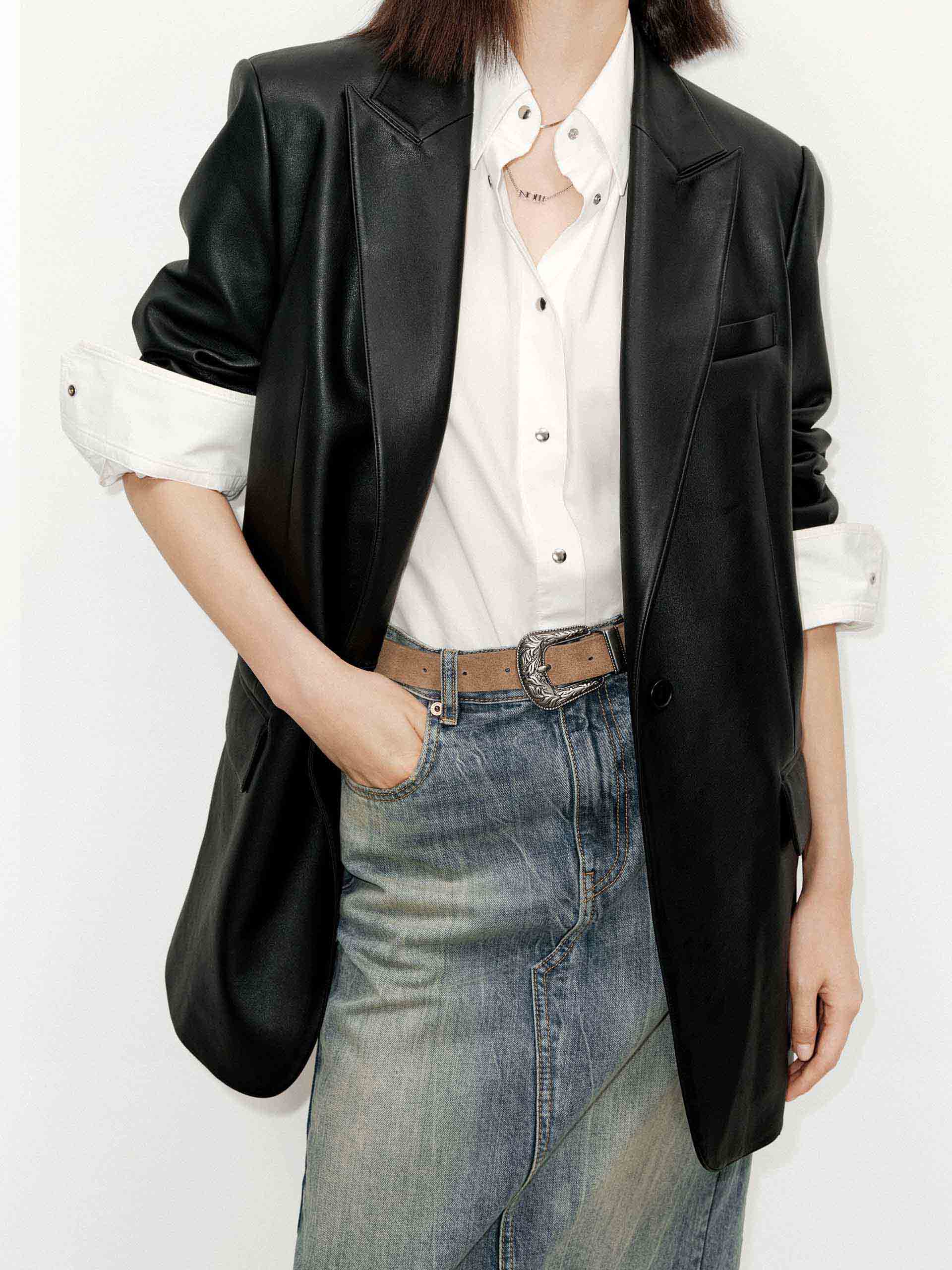 MO&Co. Women's Oversized Faux Leather Blazer with shoulder paddings in Black