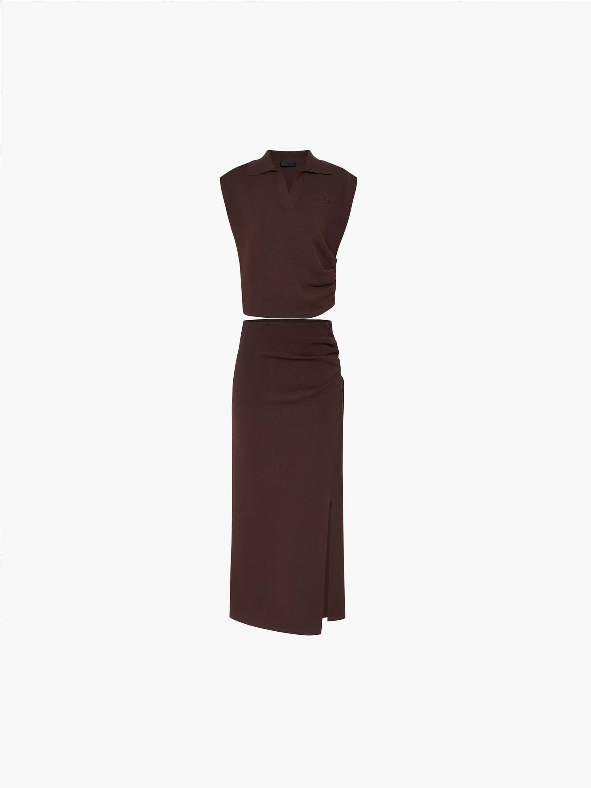 MO&Co. Women's Polo Collar Fitted Sleeveless Top with Midi Skirt Set in Brown