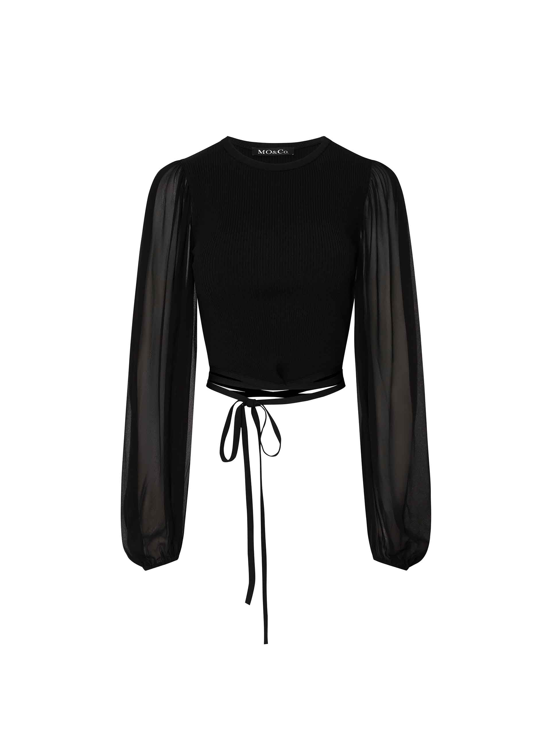 MO&Co. Women's Black Tie Detail Long Balloon Sleeves Crop Top