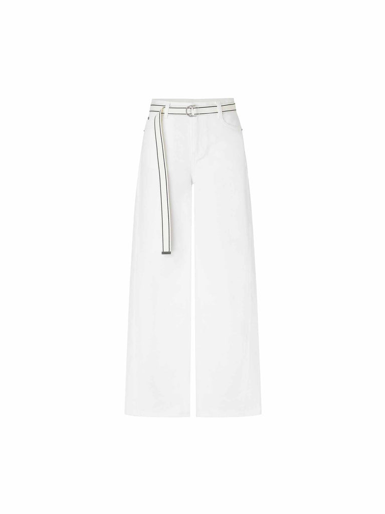 MO&Co. Women's White Mid Rise Wide and Straight Jeans with Belt