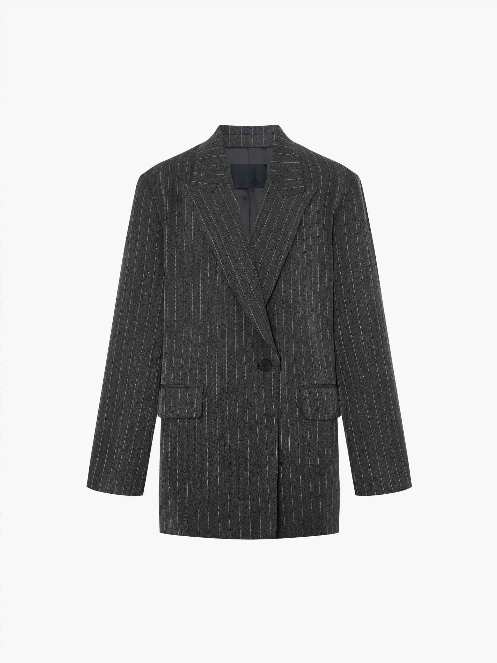 MO&Co. Women's Structured Pinstripe Oversized Blazer in Grey with Rhinestone embellishment