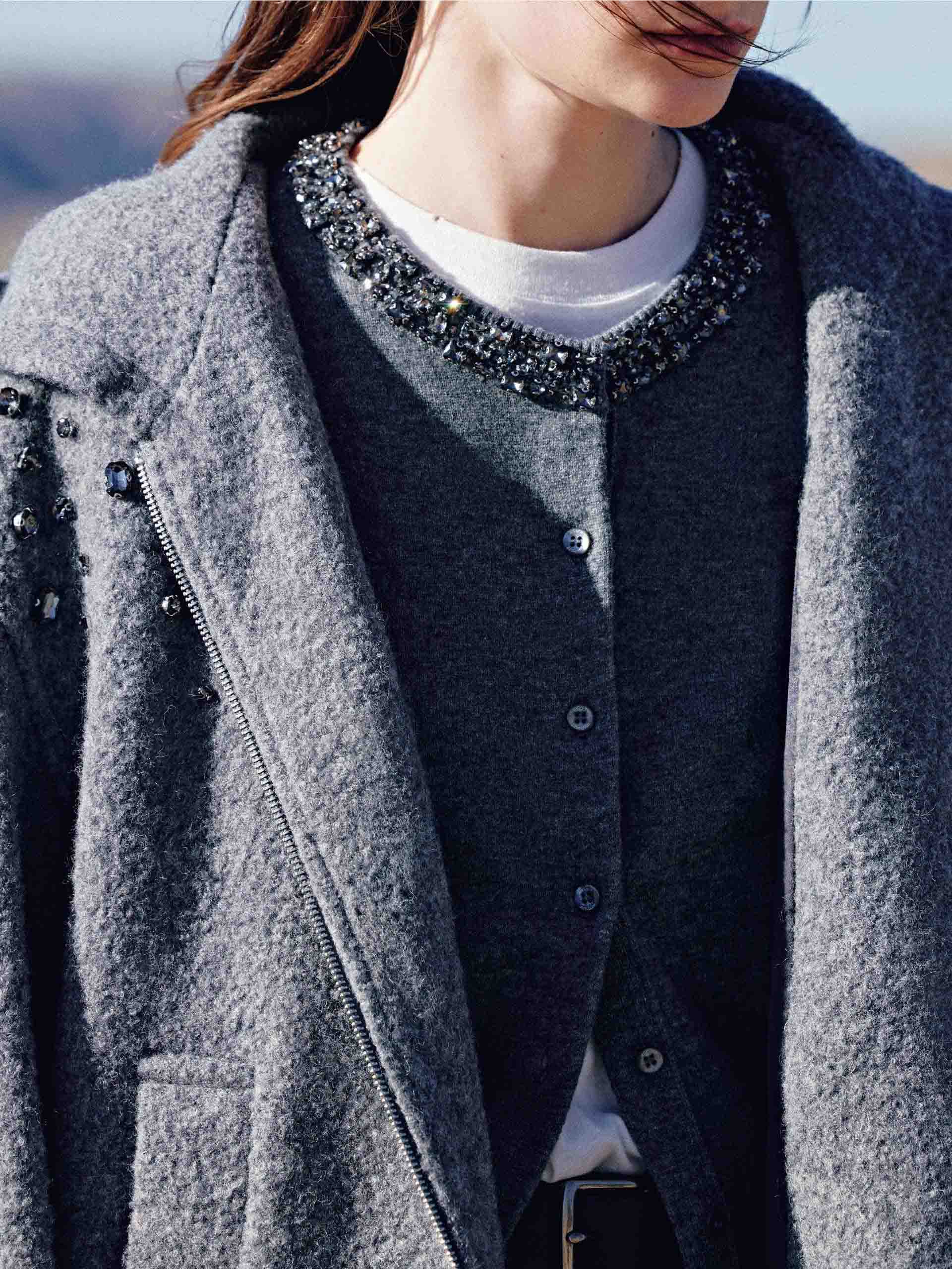 MO&Co. Women's Pure Merino Wool Hooded Zip Jacket with Crystal Details