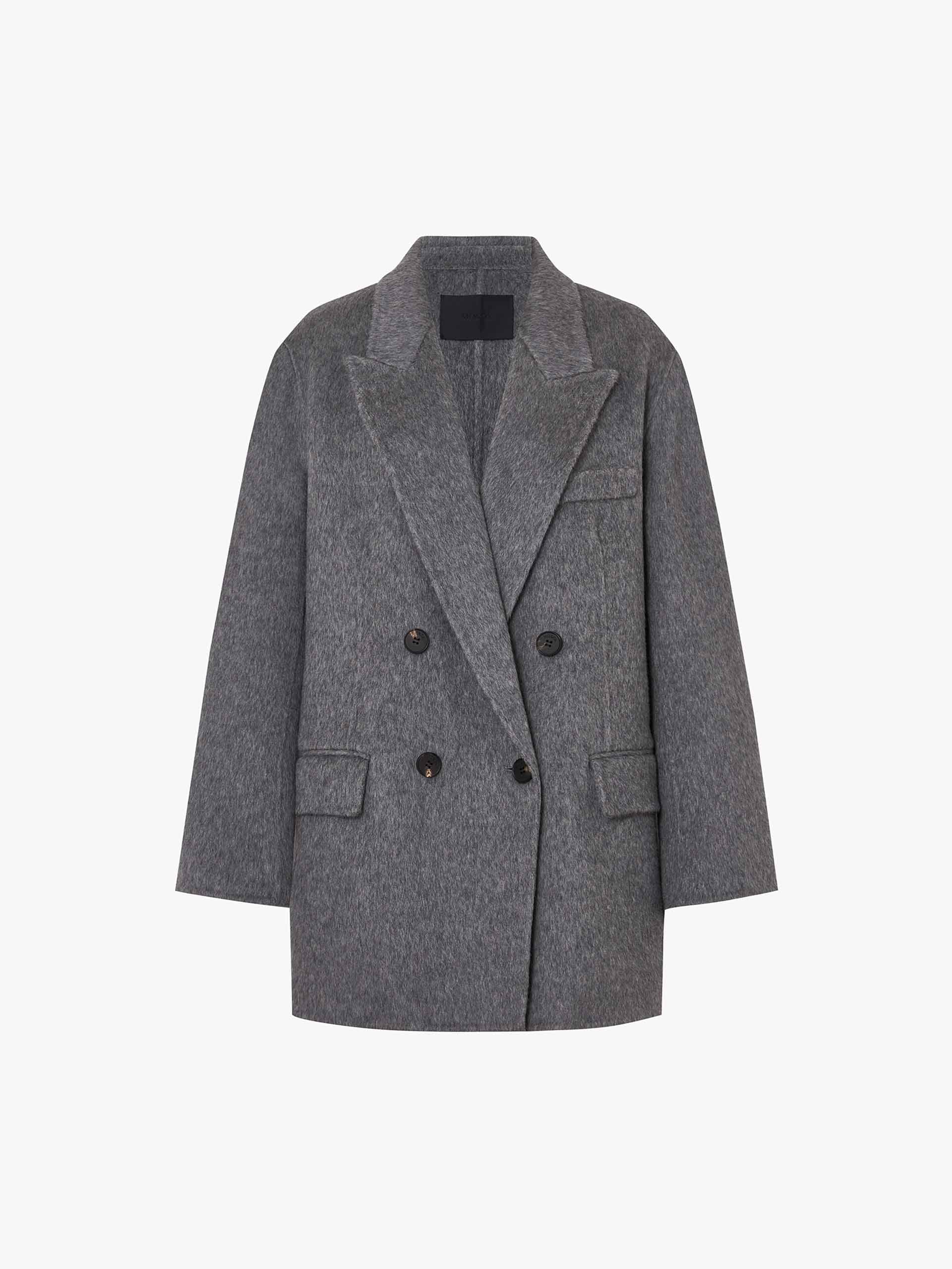 MO&Co. Women's Tailored Double Breasted Peak Lapel Wool Blend Midi Coat in Grey