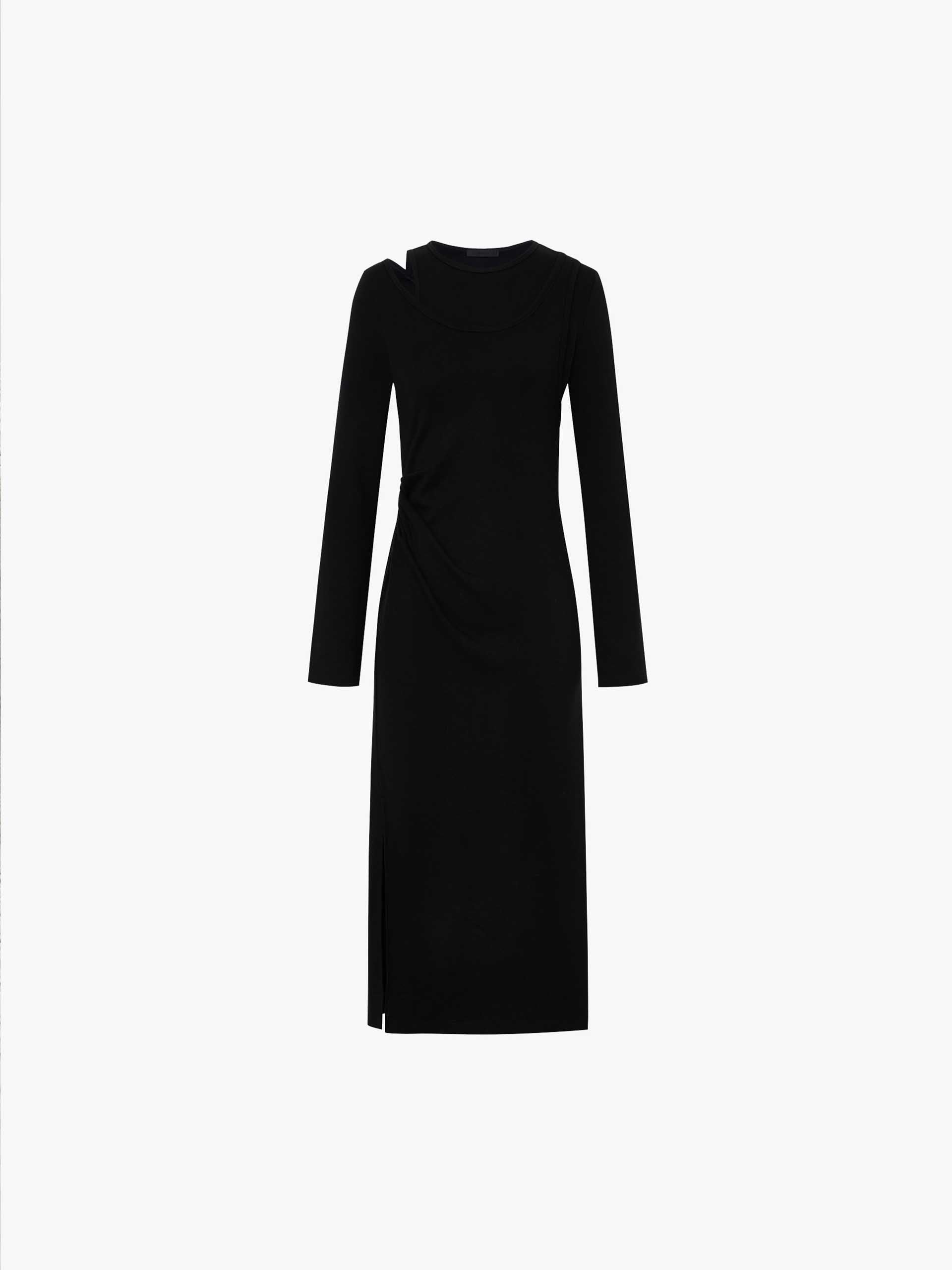 MO&Co. Women's Cut Shoulder Long Sleeves A-line Black Midi Dress