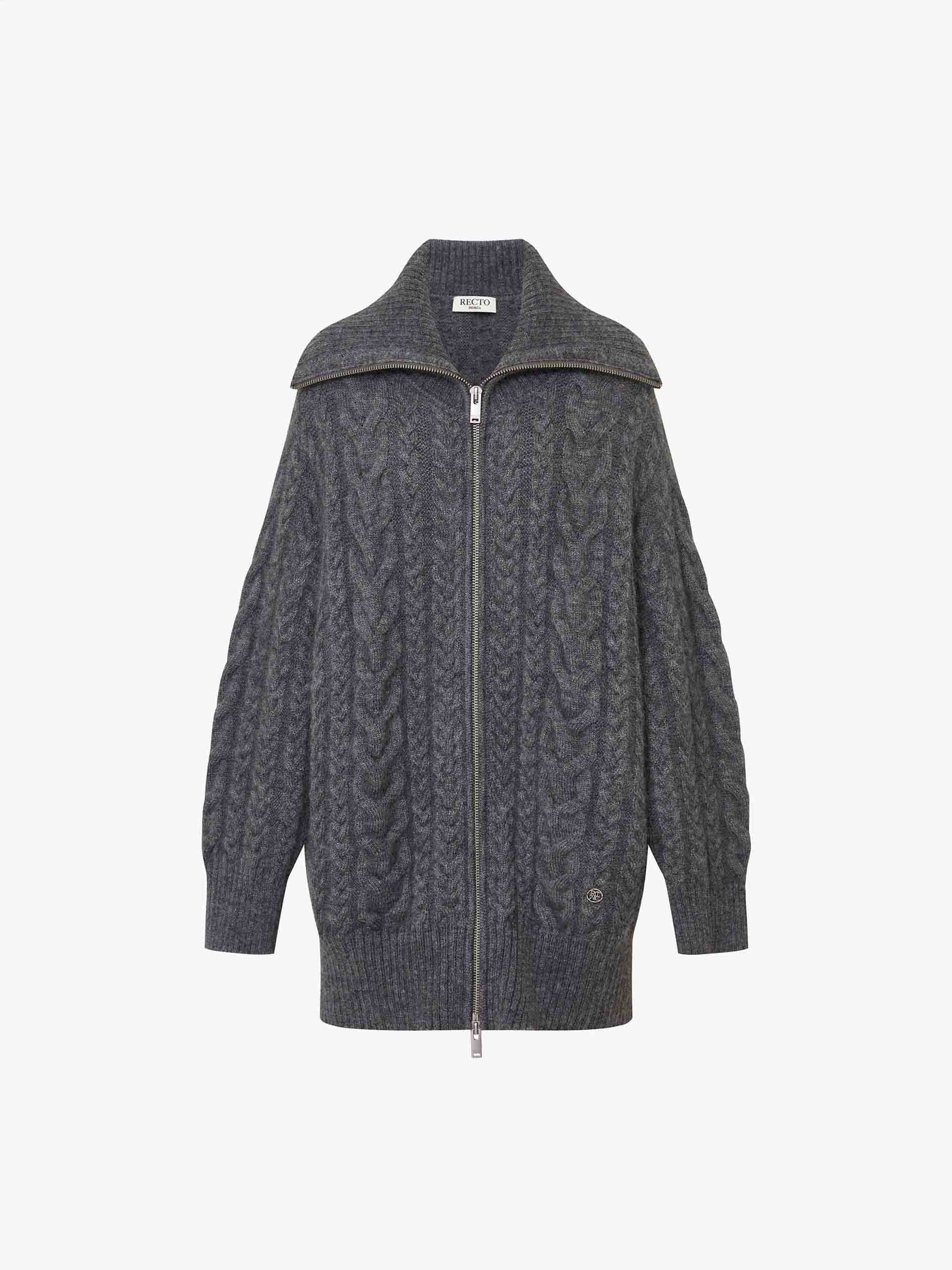 MO&Co. X RECTO Collection Women's Wide Collar Mohair Cable Knit Cardigan in Grey