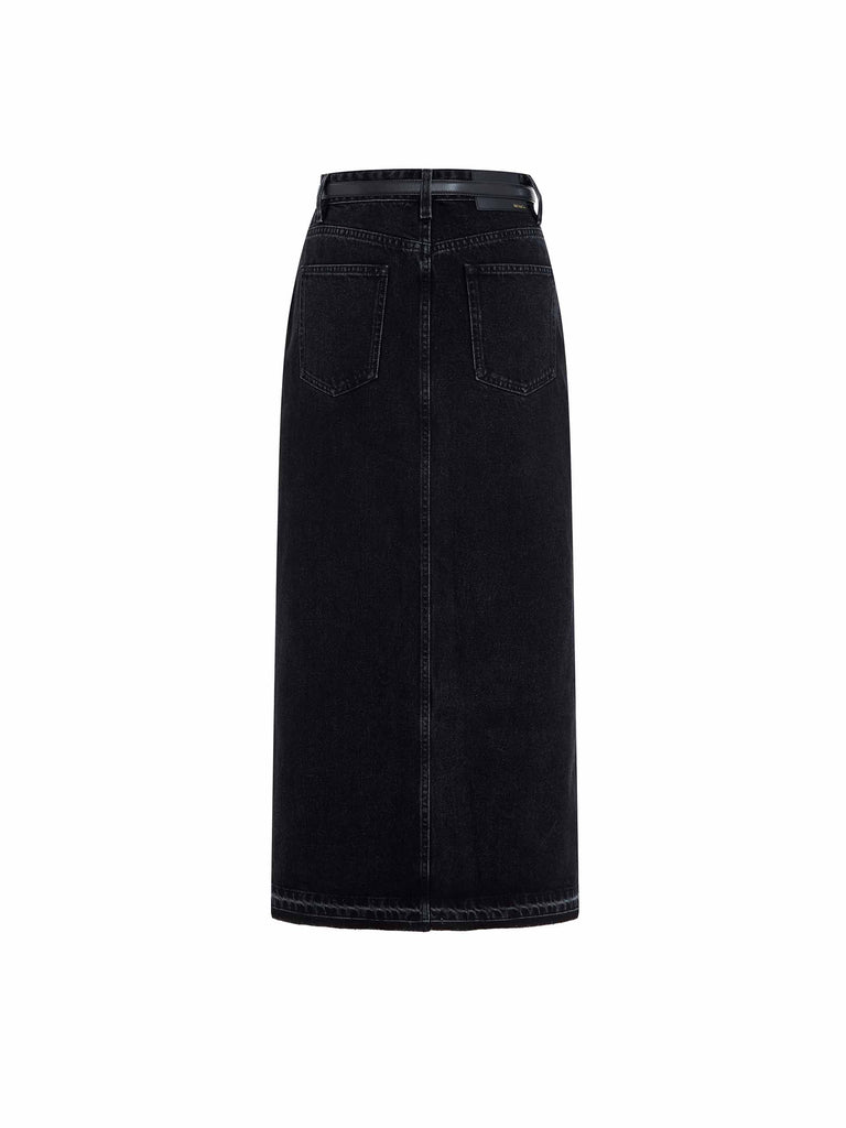 MO&Co. Women's Slit Cotton Denim Maxi Skirt in Washed Black