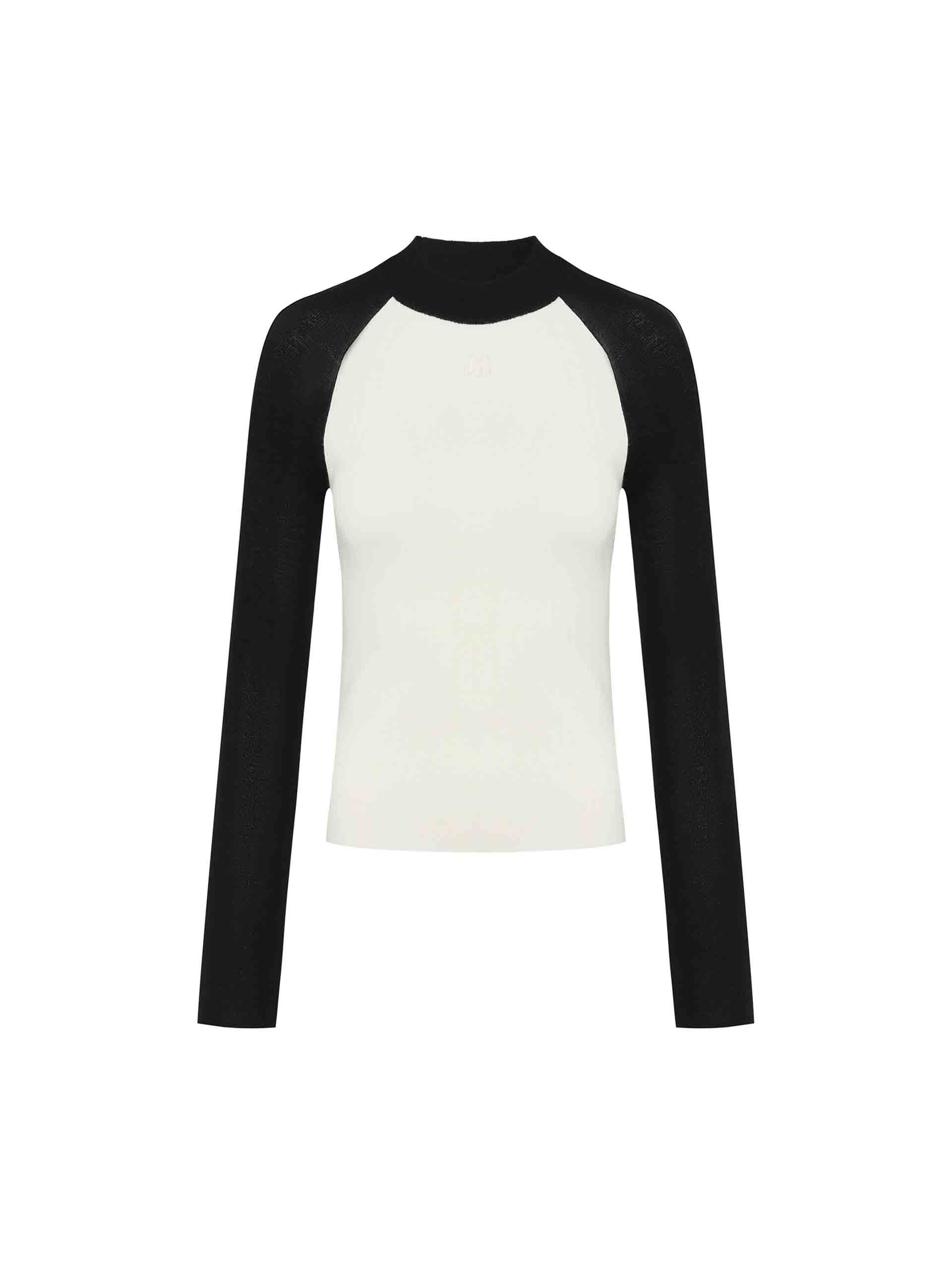 MO&Co. Women's Contrast Raglan Sleeve Tight Wool Blend Knit Top in Black and White