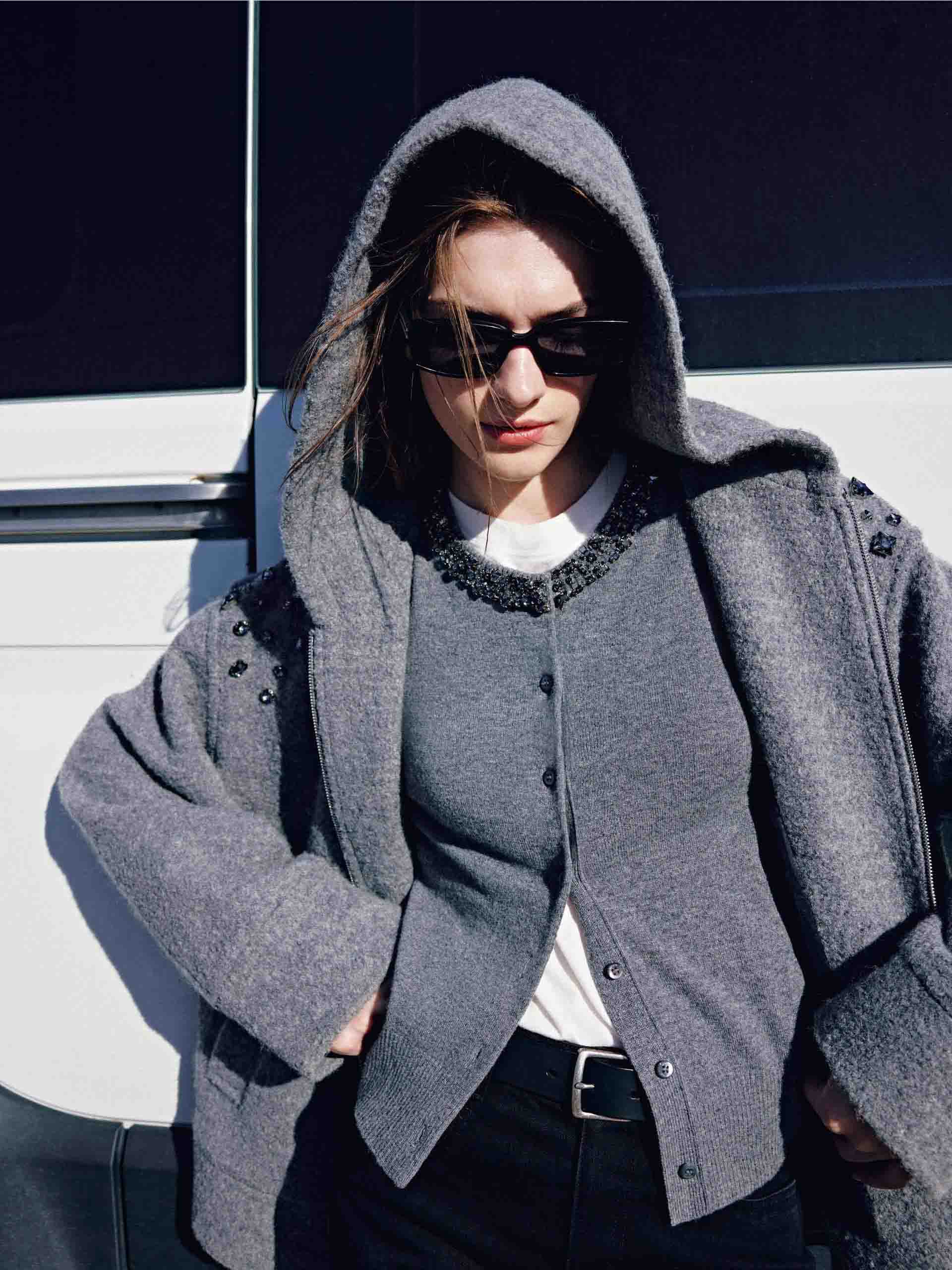 MO&Co. Women's Pure Merino Wool Hooded Zip Jacket with Crystal Details