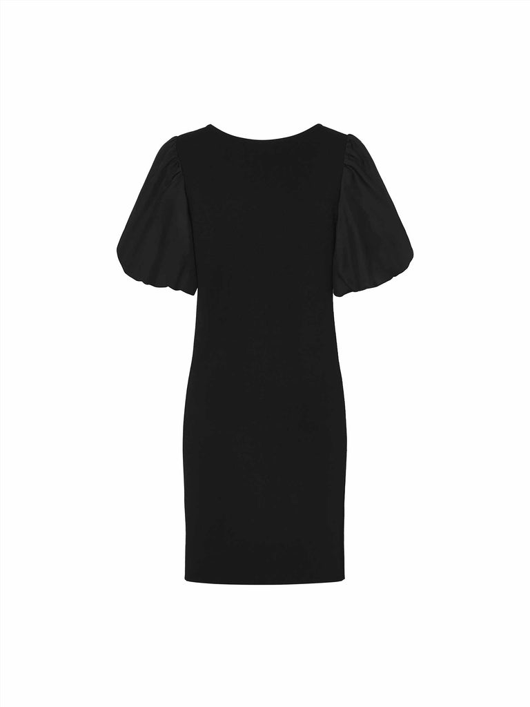 MO&Co. Women's Asymmetric Collar Mini Dress in Black featured with sheer puff sleeves and ssymmetric collar with metallic buckle details
