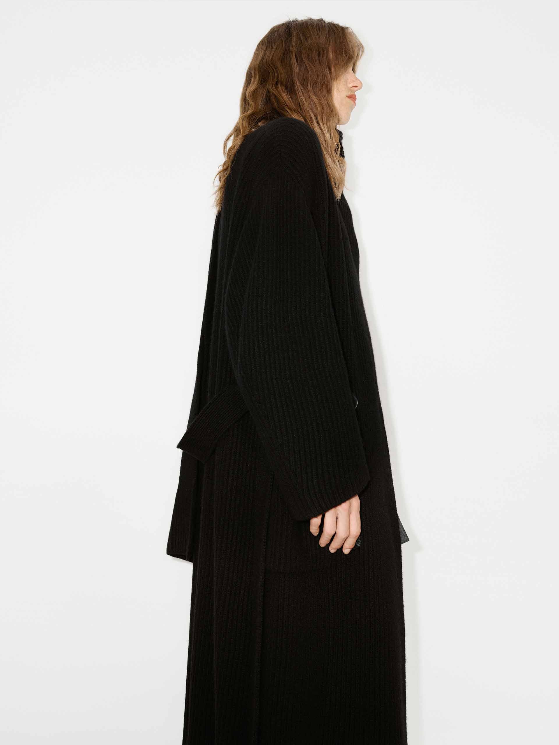 MO&Co. Women's Scarf Collar Wool Alpaca fleece Blend Longline Cardigan in Black