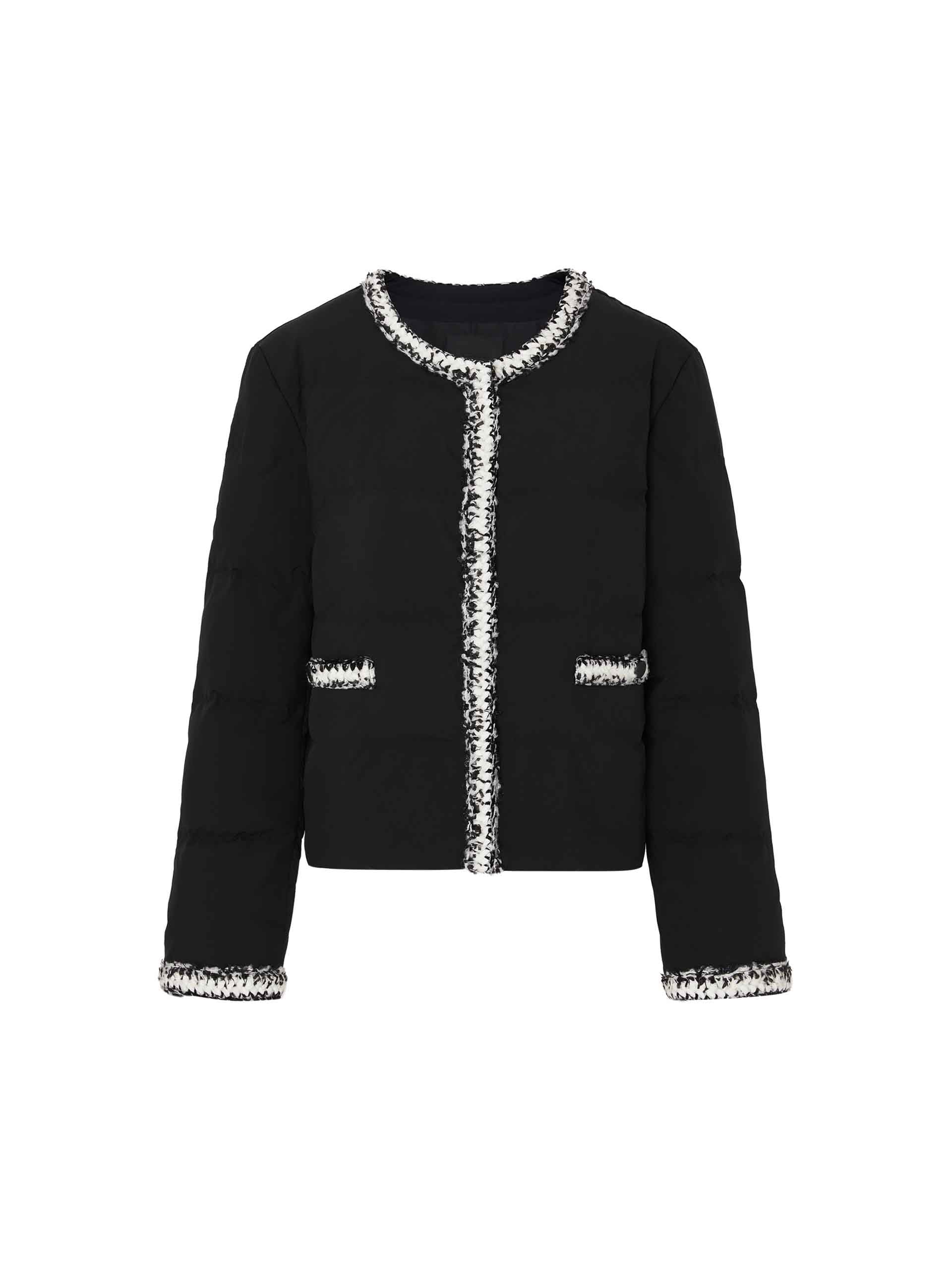 MO&Co. Women's Crochet Details Collarless Puffer Jacket in Black