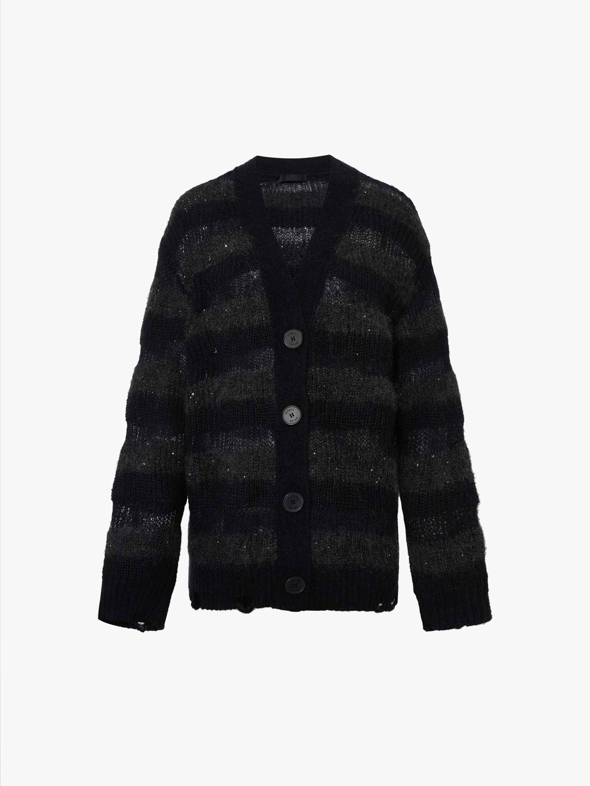 MO&Co. Women's Loose V-neck Distressed Sequin Detail Knit Cardigan