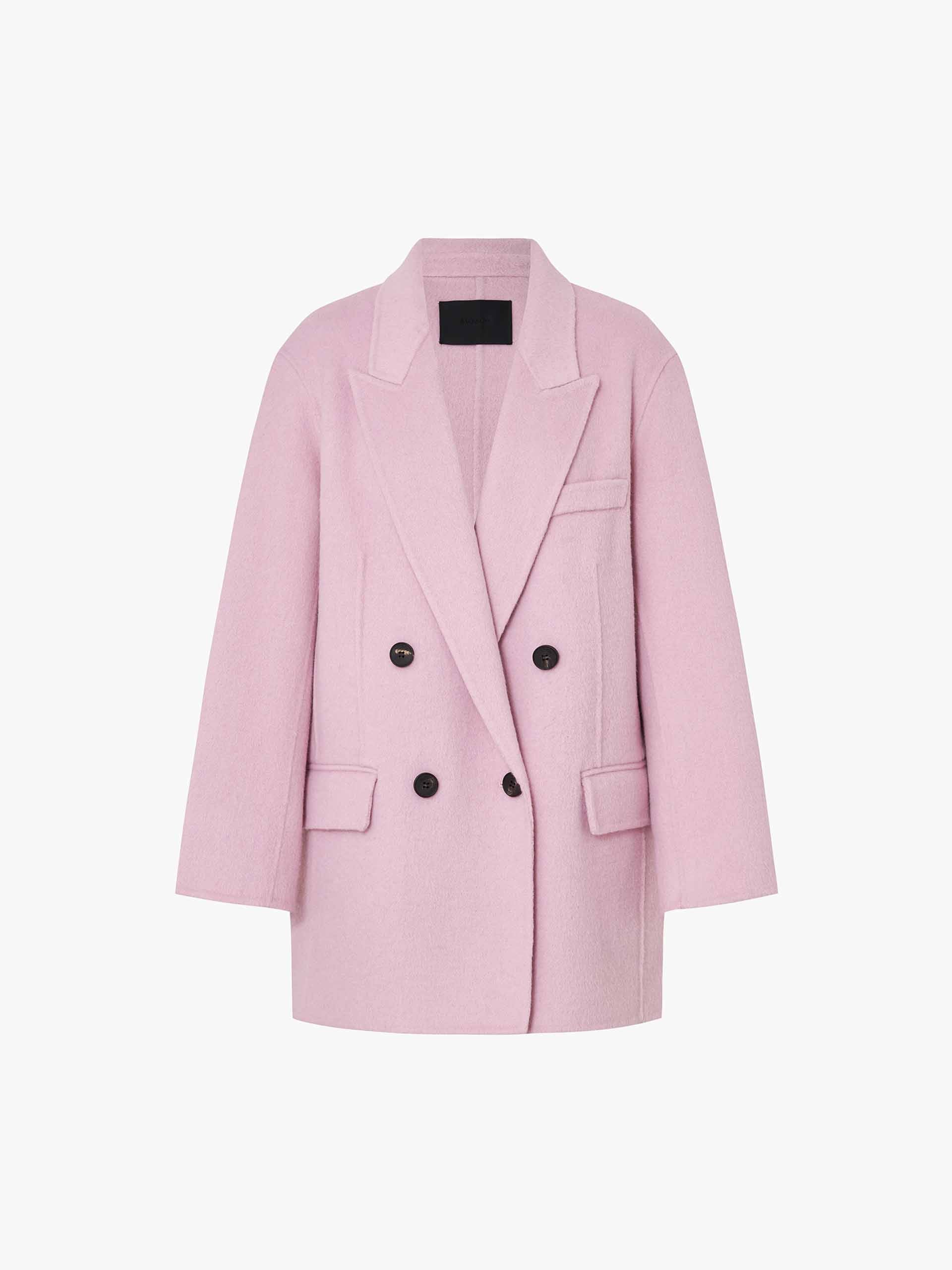MO&Co. Women's Tailored Double Breasted Peak Lapel Wool Blend Midi Coat in Baby Pink