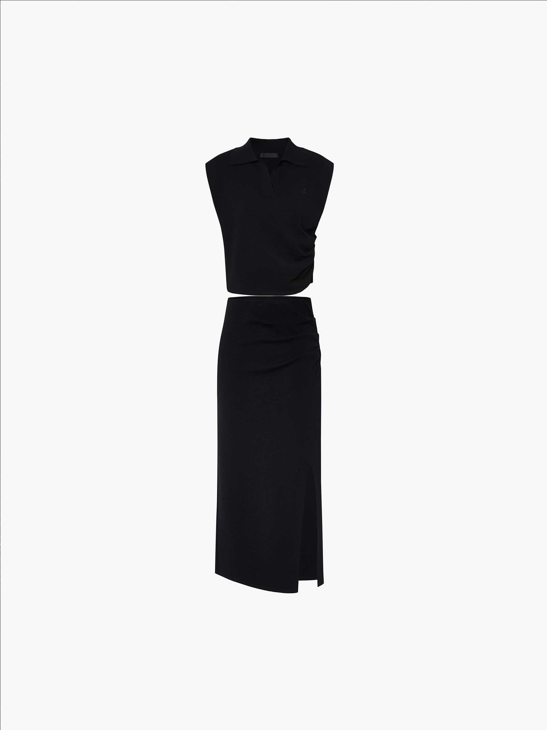 MO&Co. Women's Polo Collar Fitted Sleeveless Top with Midi Skirt Set in Black