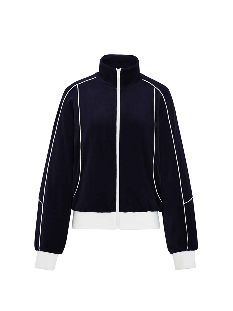 MO&Co. Women's Contrast Seam Zipped Velvet Touch Track Jacket in Navy