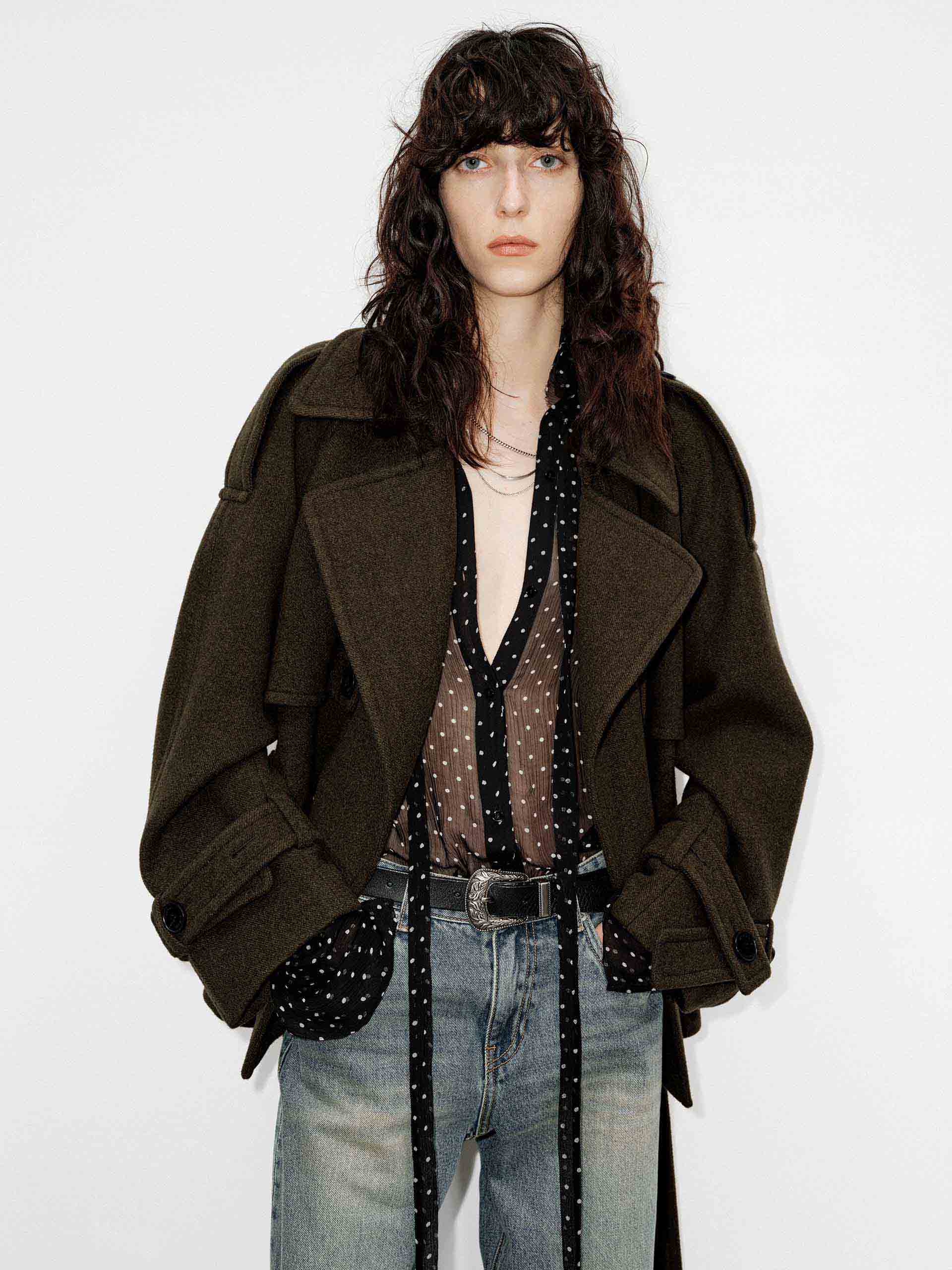 MO&Co. Women's 100% Merino Wool Notch Lapel Belted Short Coat in Olive