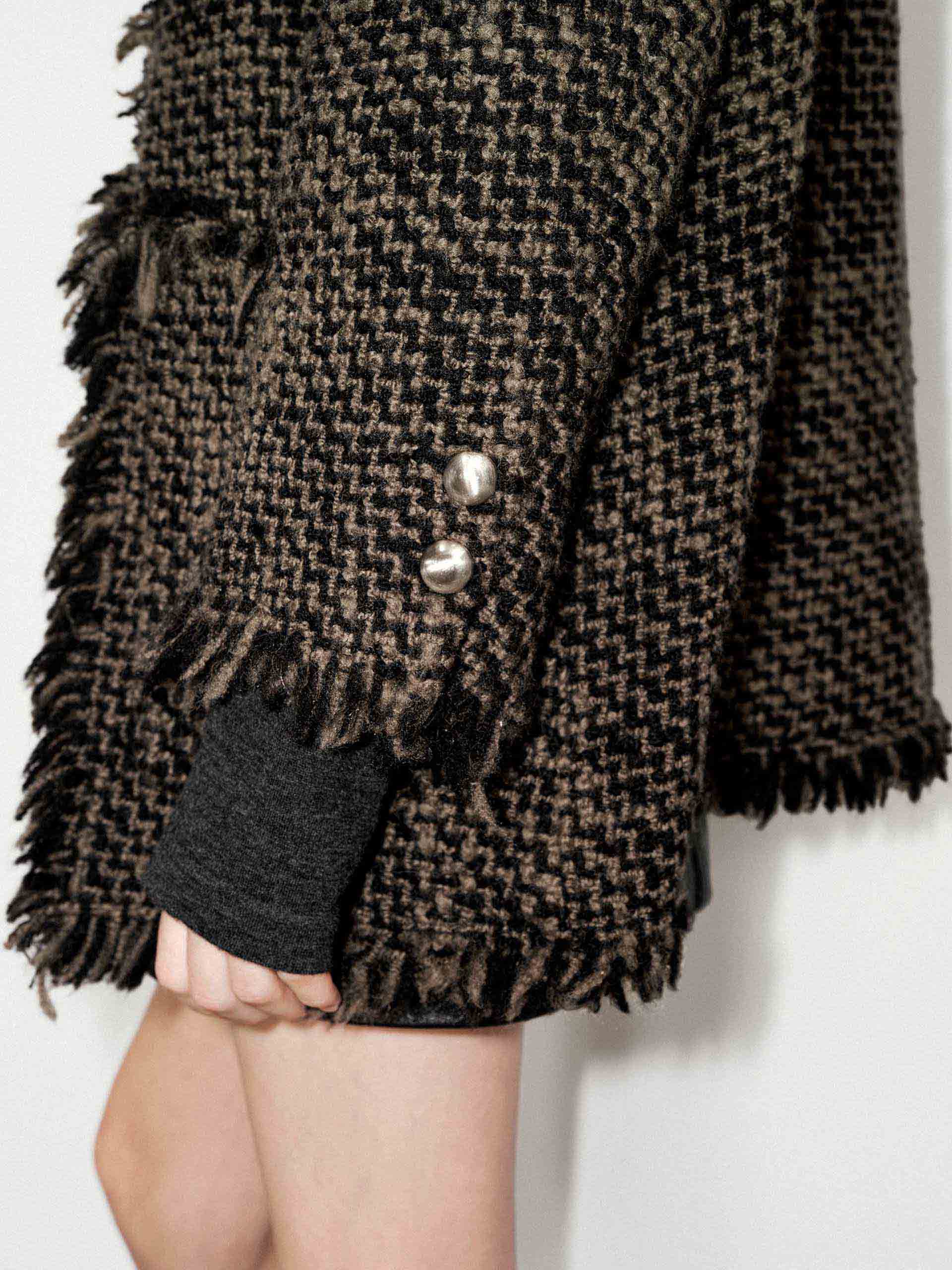 MO&Co. Women's V-neck Wool Blend Raw Trim Collarless Tweed Coat