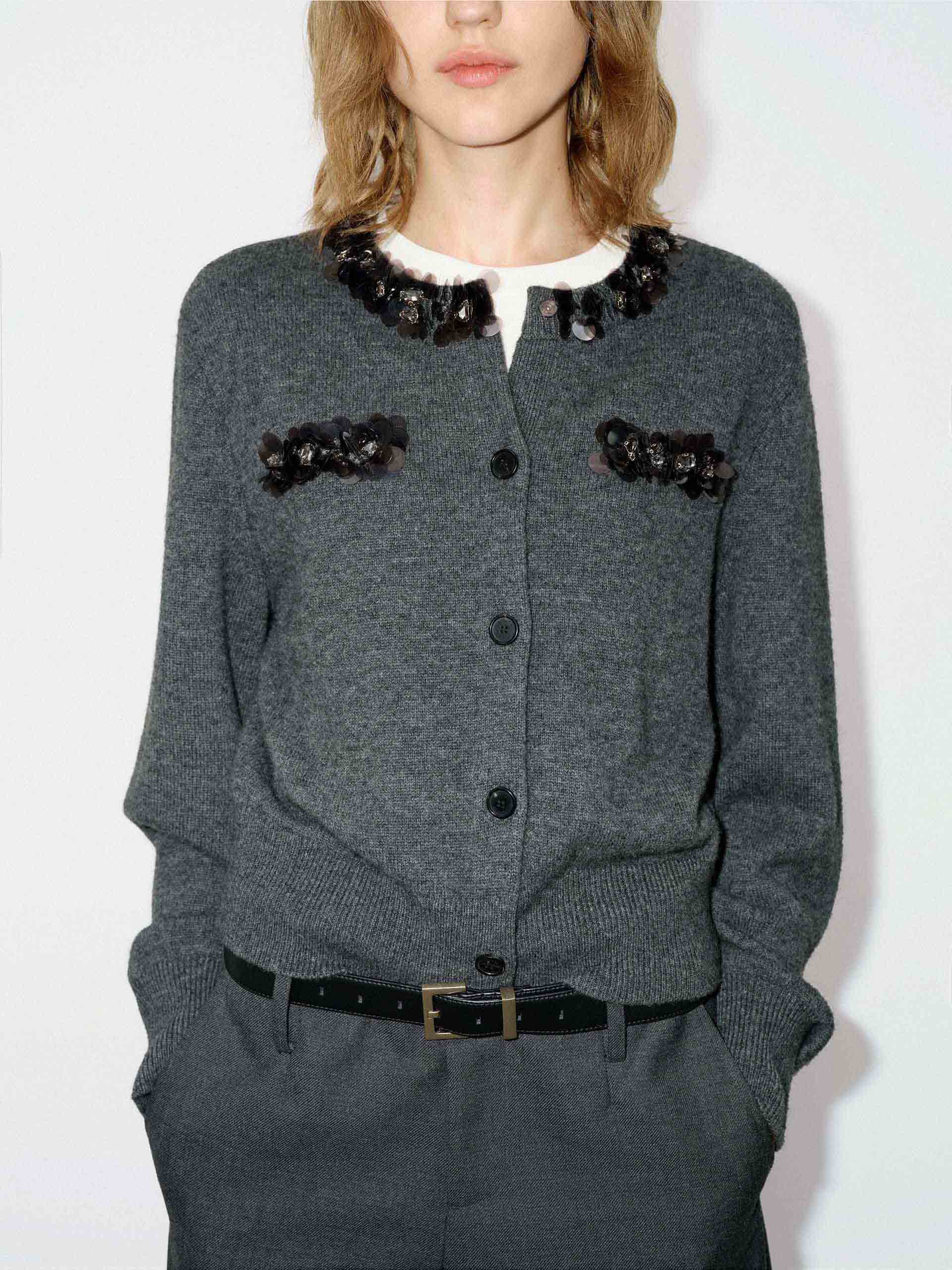 MO&Co. Women's Wool and Cashmere Blend Sequins Detail Close Fit Cardigan in Grey