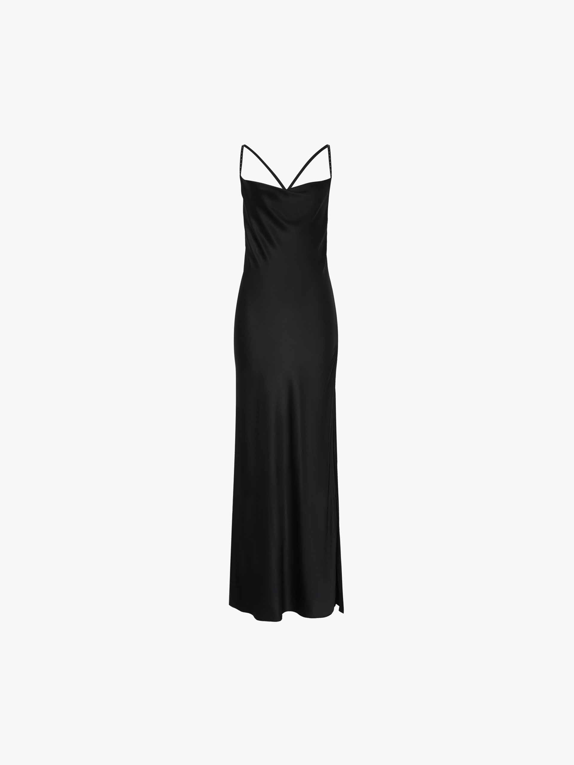 MO&Co. Women's Silk Backless Spaghetti Black Maxi Dress Slit Detail