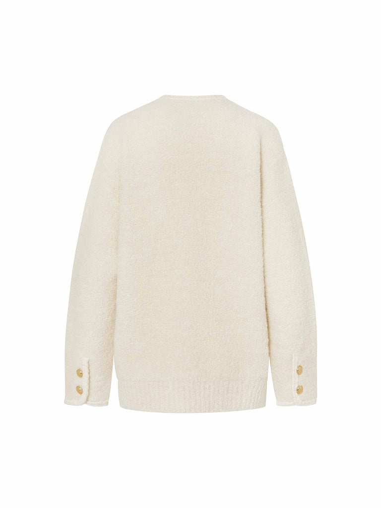 MO&Co. Women's Boucle Loose Fit V Neck Premium Alpaca & Wool Knitted Cardigan in Cream