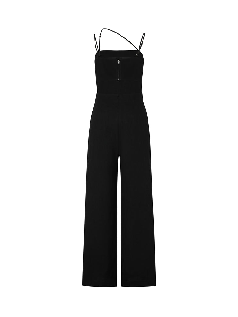 MO&Co. Women's Chic Cami Sleeveless Jumpsuit in Black with wide-leg, adjustable straps and cut-out back details