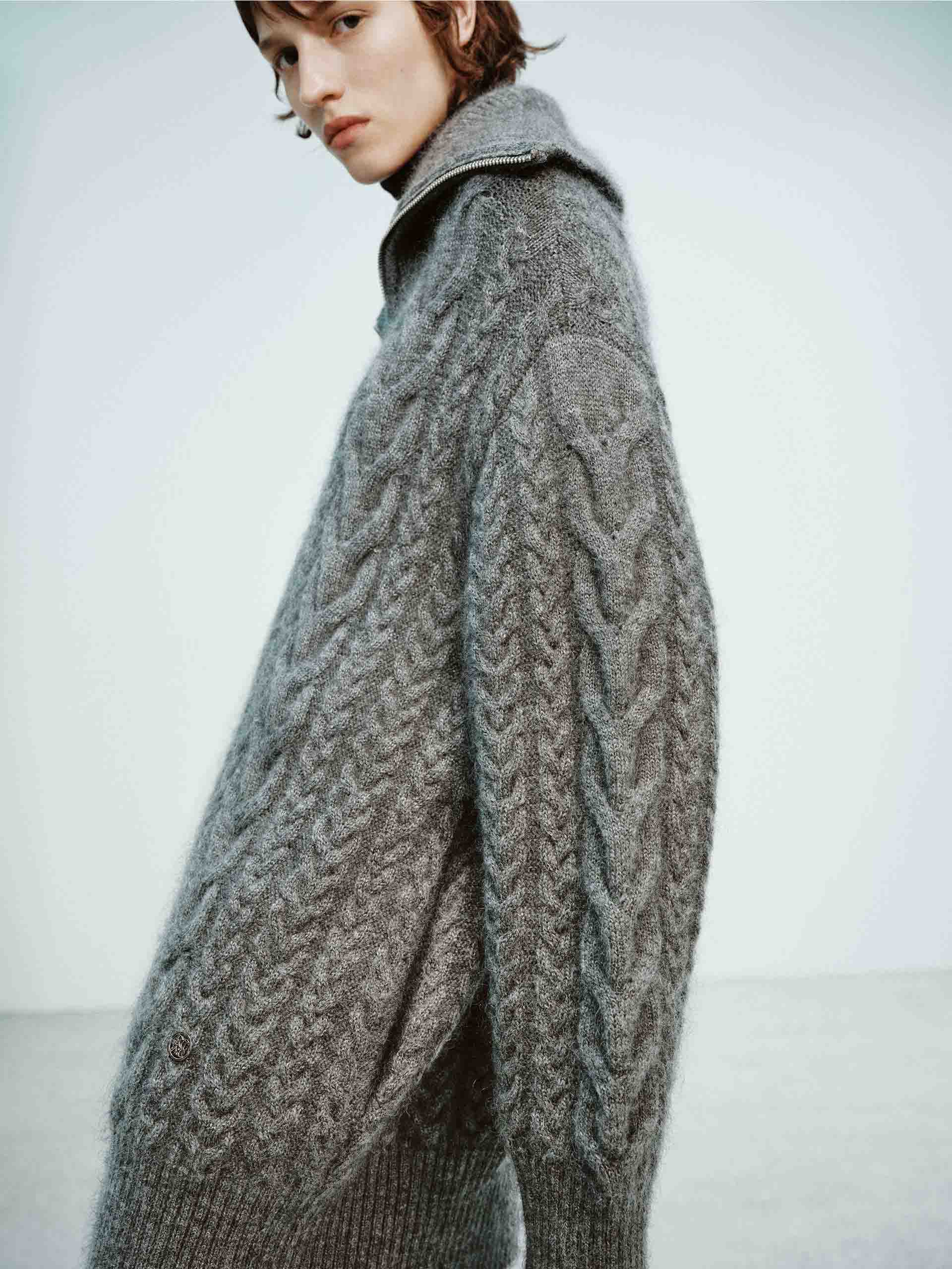 MO&Co. X RECTO Collection Women's Wide Collar Mohair Cable Knit Cardigan in Grey