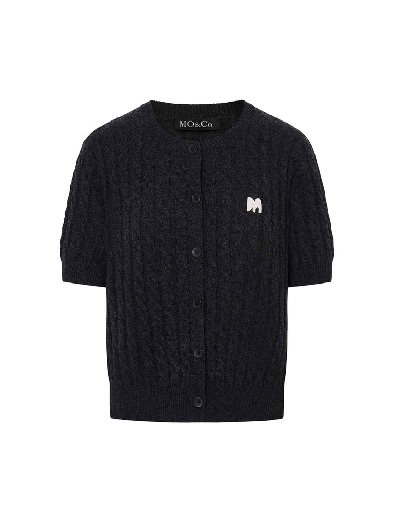 MO&Co. Women's Wool and Cashmere Cable Knit Sweater Cardigan in Short Sleeves in Black