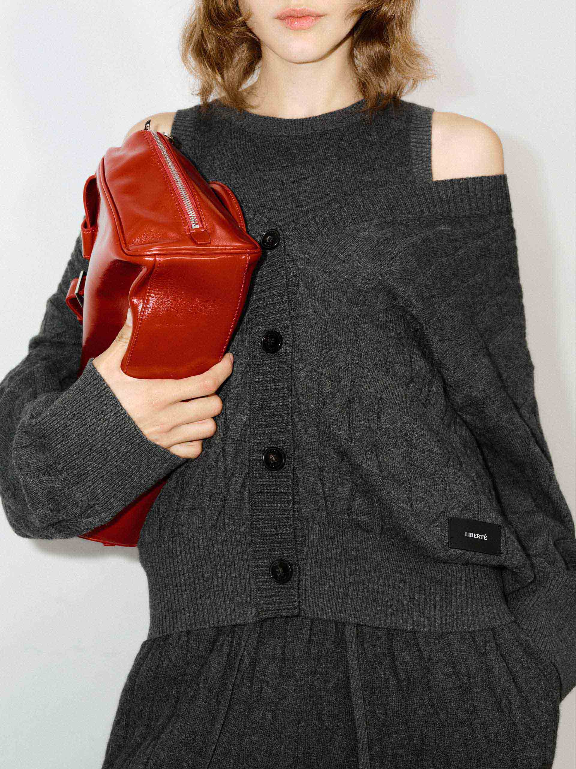 MO&Co. Women's Wool and Cashmere Cable Knitted Cardigan and Tank Top Set in Dark Grey