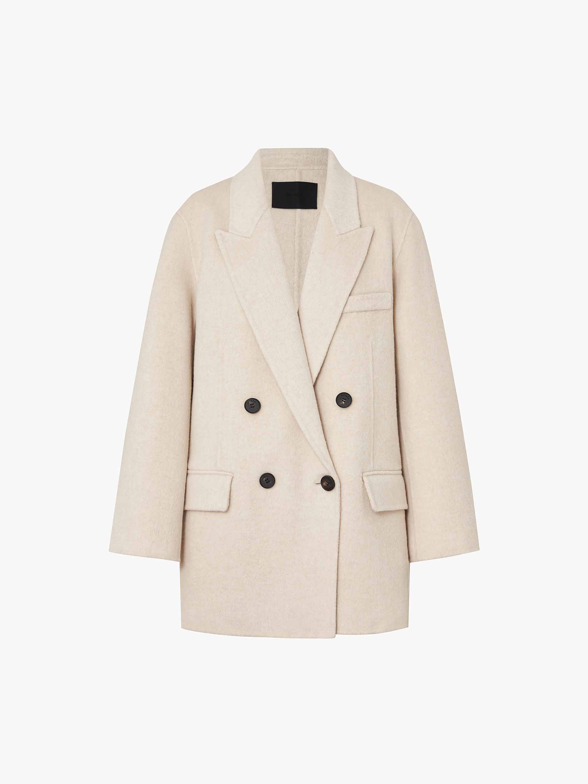 MO&Co. Women's Tailored Double Breasted Peak Lapel Wool Blend Midi Coat in Beige
