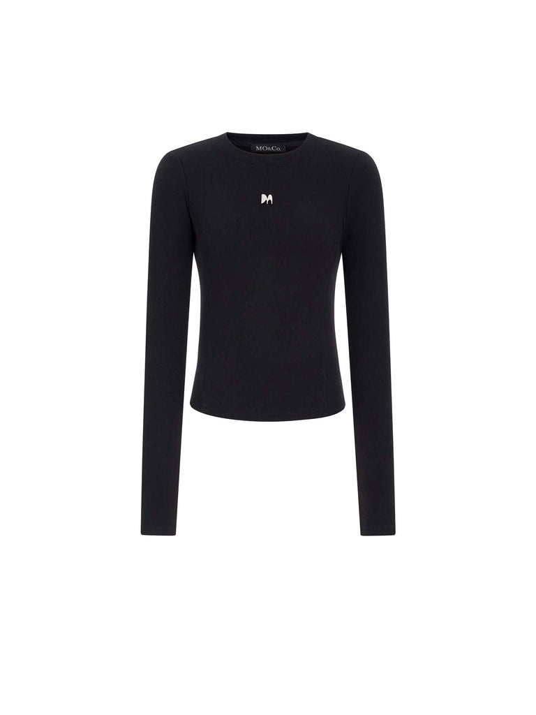 MO&Co. Women's Black Tight Fit Crew Neck Long Sleeve Top in Cotton Blend