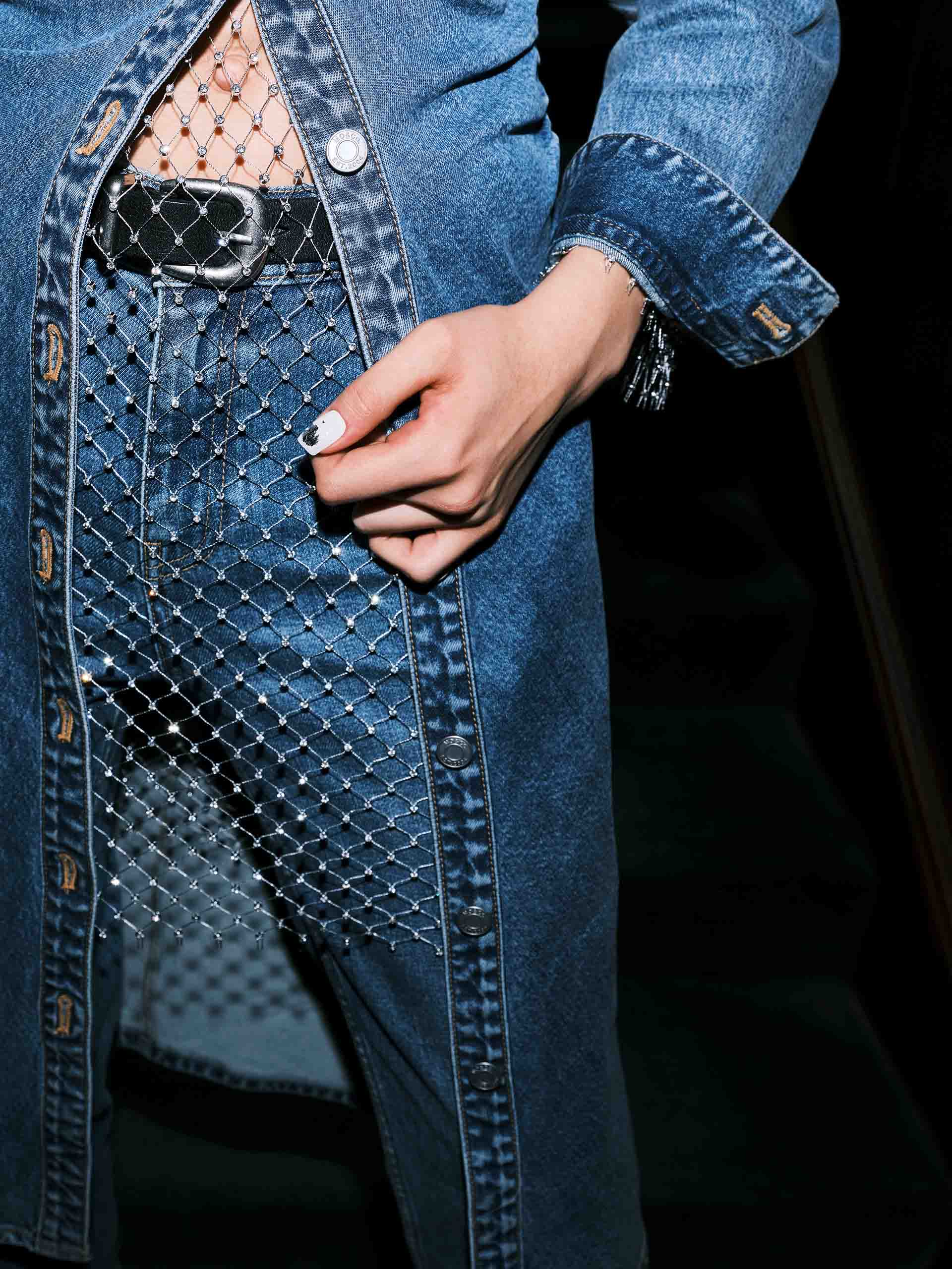 MO&Co. Women's Long Sleeve Side Pleated Slim Fit Midi Blue Denim Dress