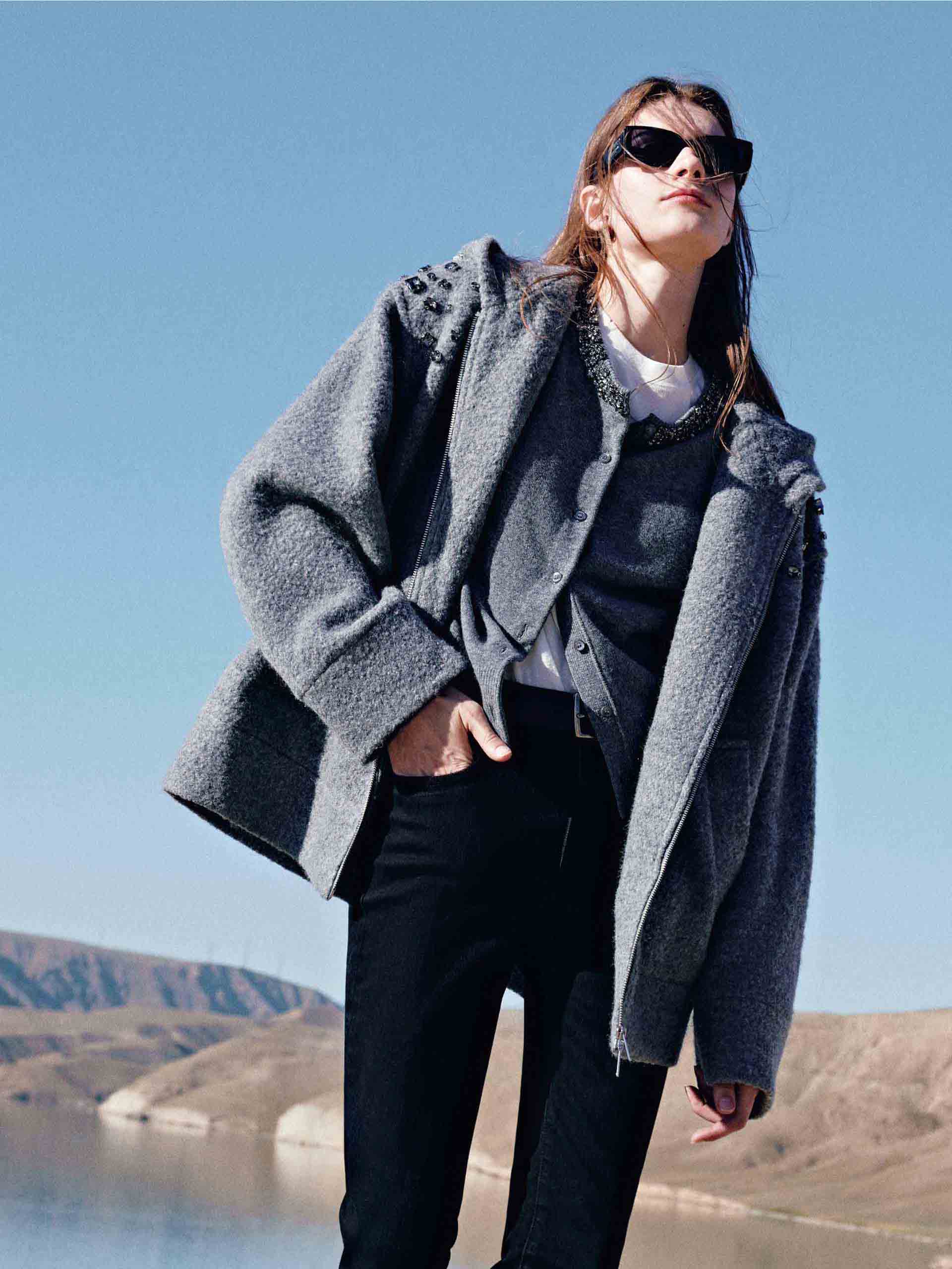 MO&Co. Women's Pure Merino Wool Hooded Zip Jacket with Crystal Details