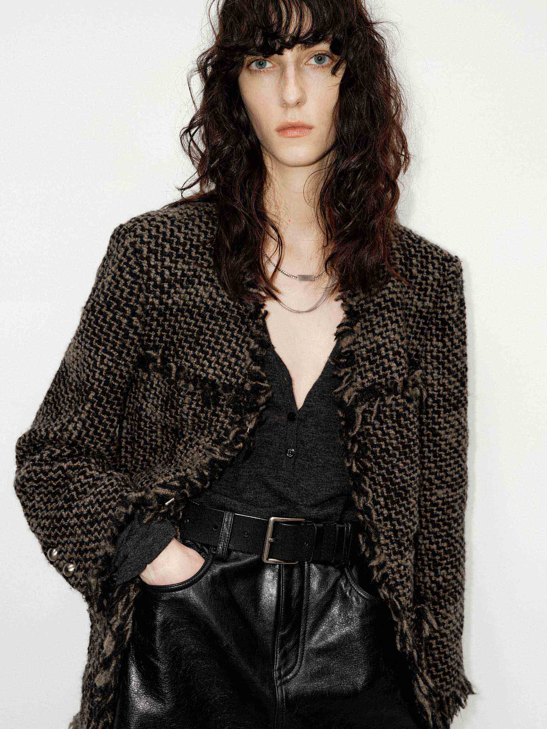 MO&Co. Women's V-neck Wool Blend Raw Trim Collarless Tweed Coat