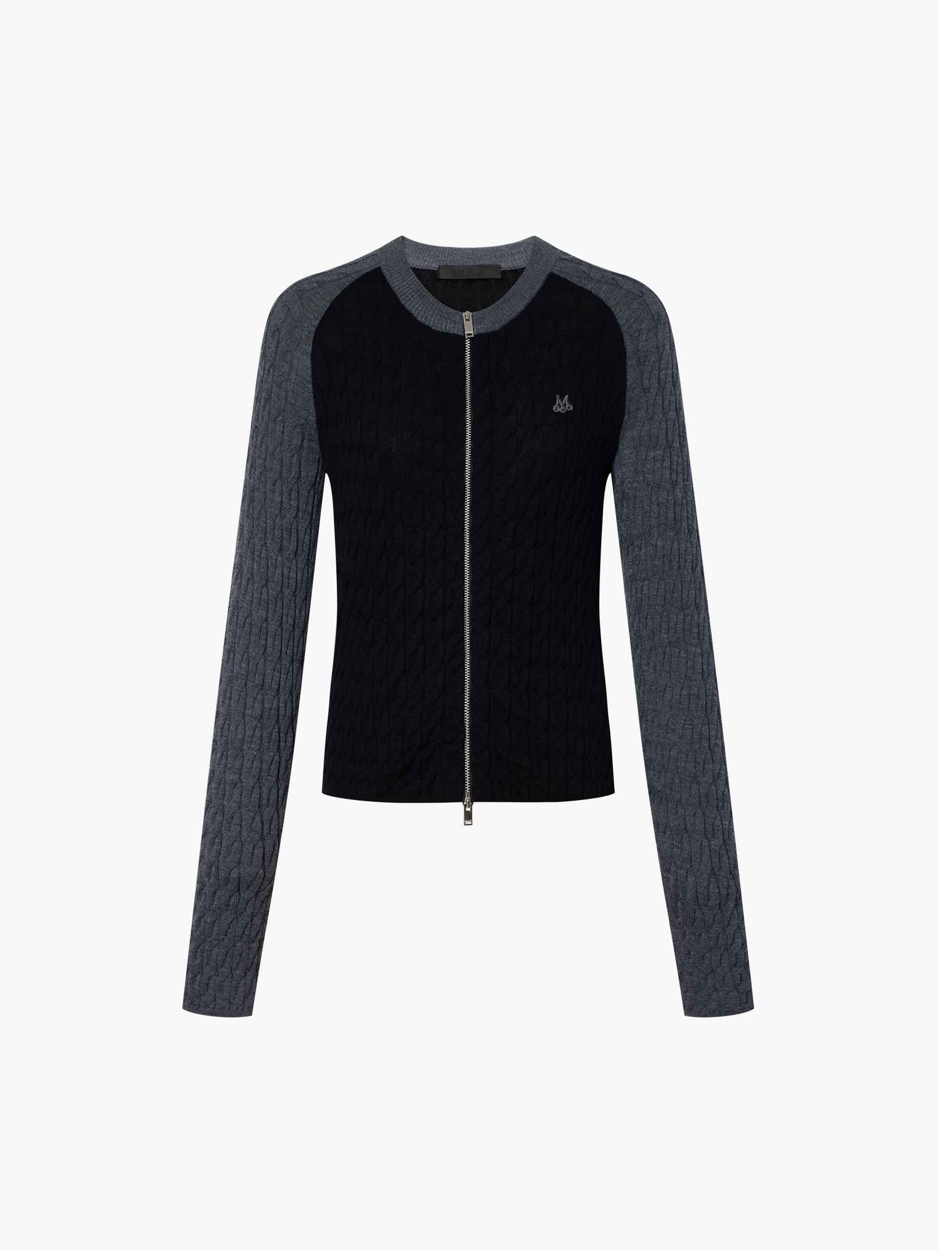 MO&Co. Women's Merino Wool Two Tone Raglan Sleeve Zip Up Cable Knit Cardigan