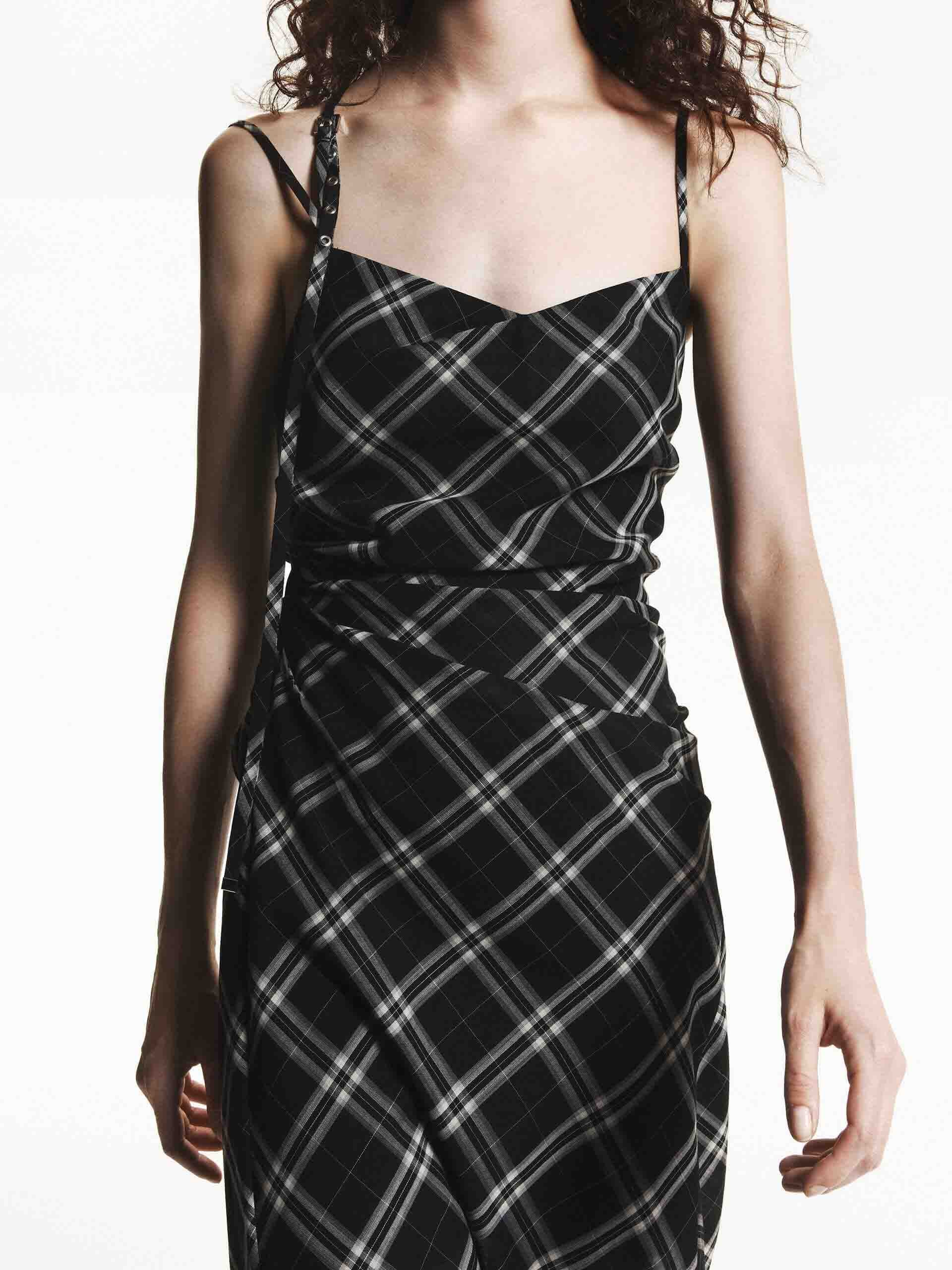 MO&Co. Women's Plaid Pattern Cami Dress Slit Detailed in Black with Gathered Waist Details