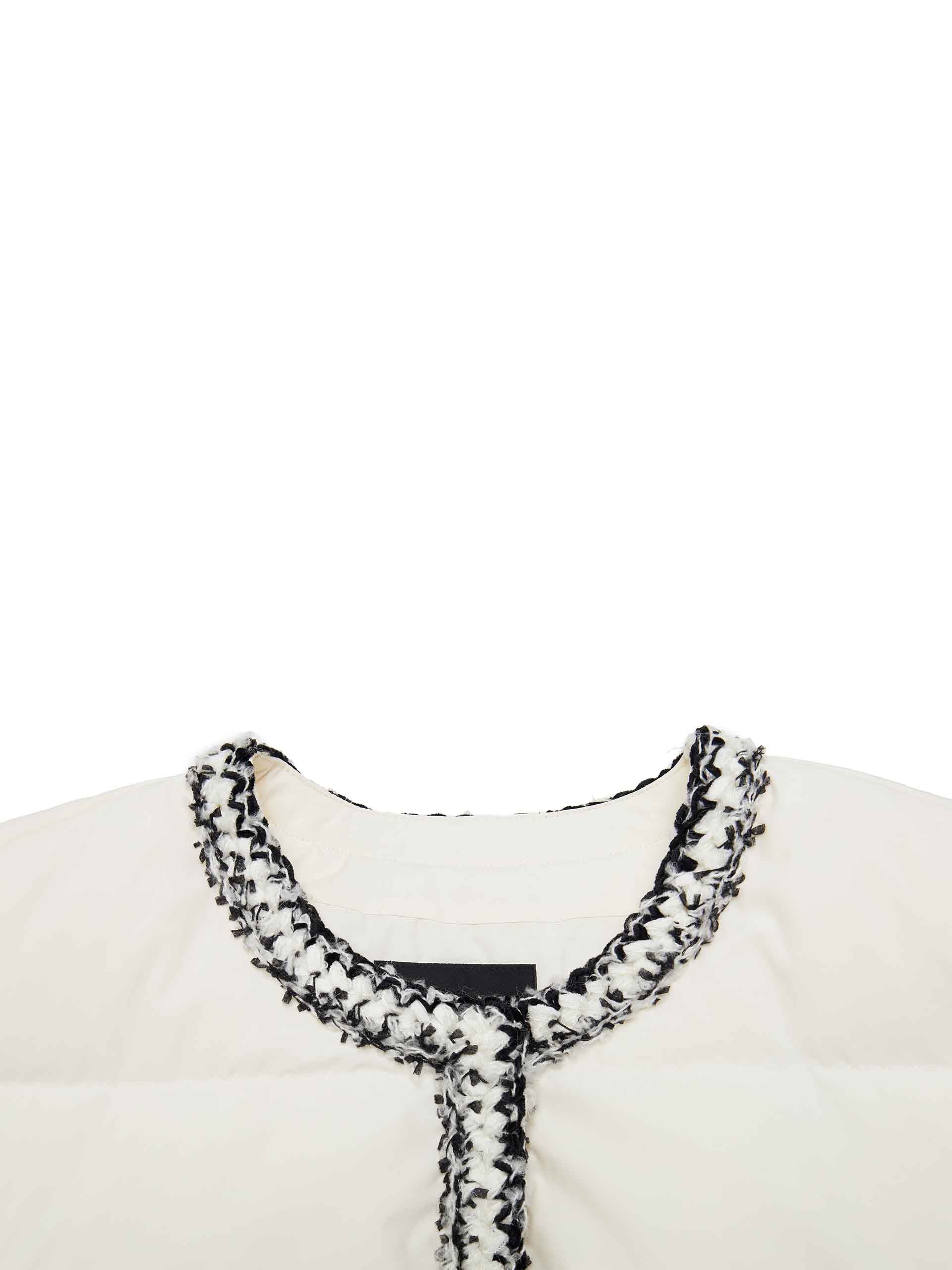 MO&Co. Women's Crochet Details Collarless Puffer Jacket in Beige