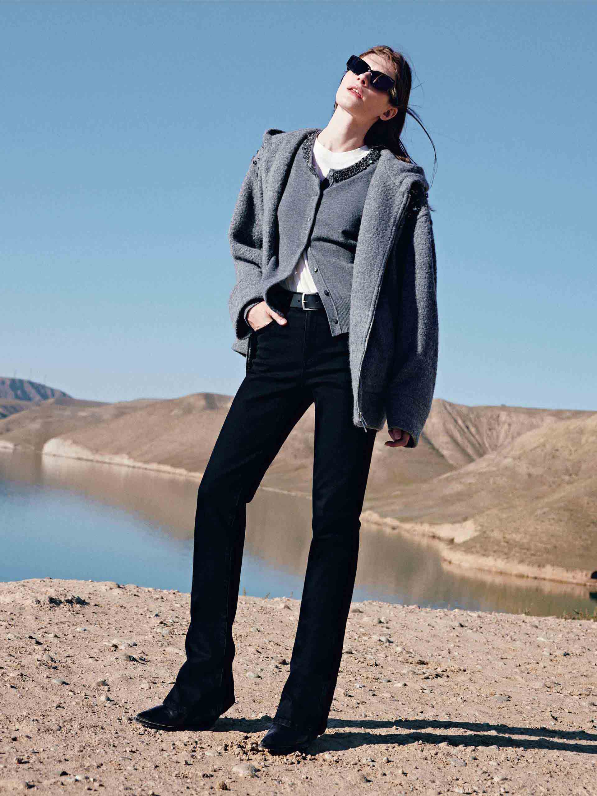 MO&Co. Women's Pure Merino Wool Hooded Zip Jacket with Crystal Details