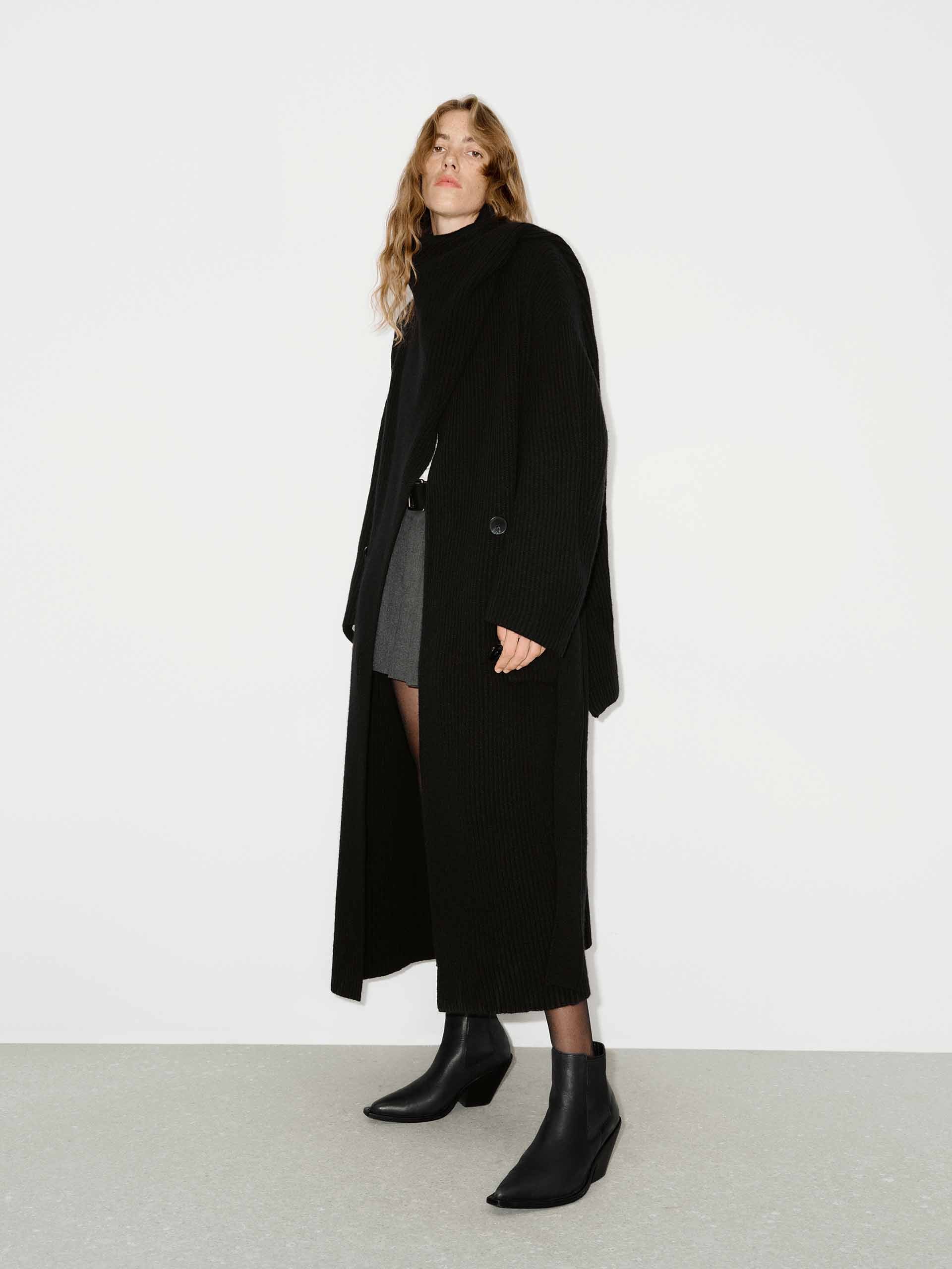 MO&Co. Women's Scarf Collar Wool Alpaca fleece Blend Longline Cardigan in Black