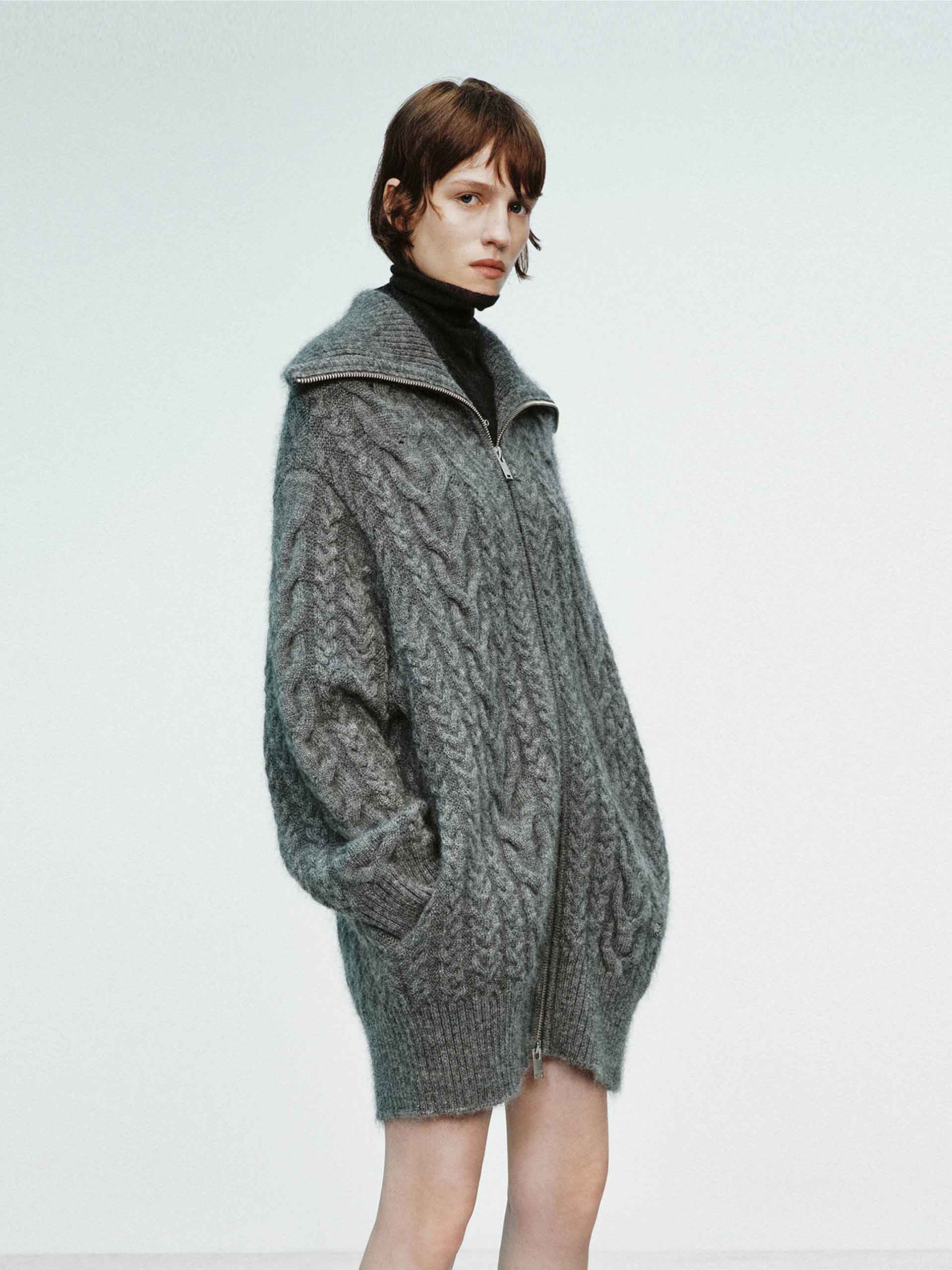 MO&Co. X RECTO Collection Women's Wide Collar Mohair Cable Knit Cardigan in Grey