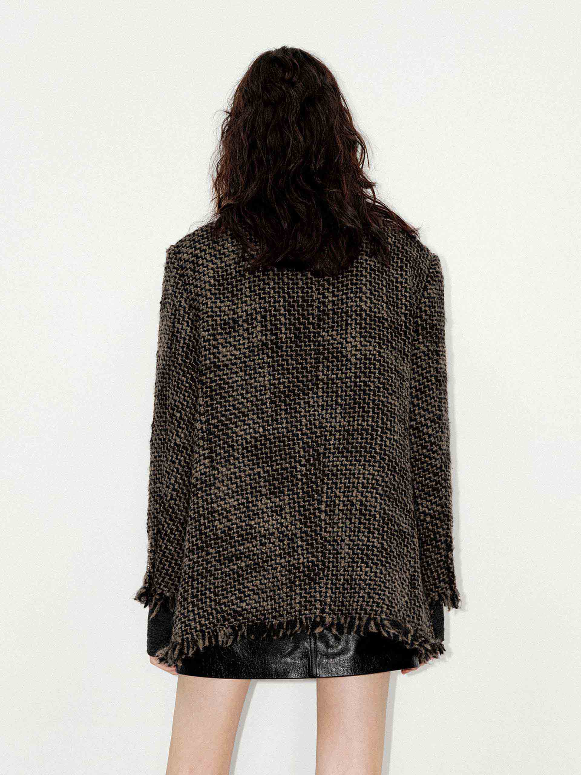 MO&Co. Women's V-neck Wool Blend Raw Trim Collarless Tweed Coat