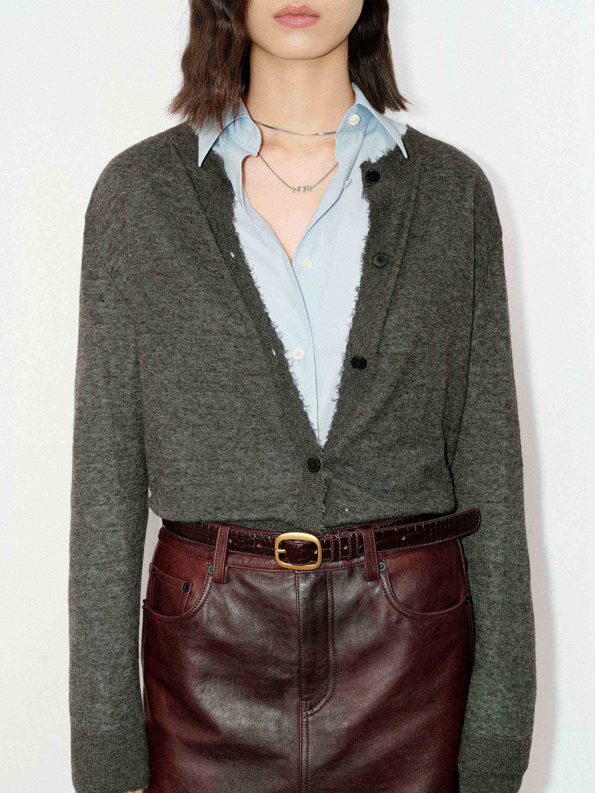 MO&Co. Women's Raw Trim Detail Alpaca fleece and Wool Blend Knit Cardigan in Dark Grey with Rhinestone Details